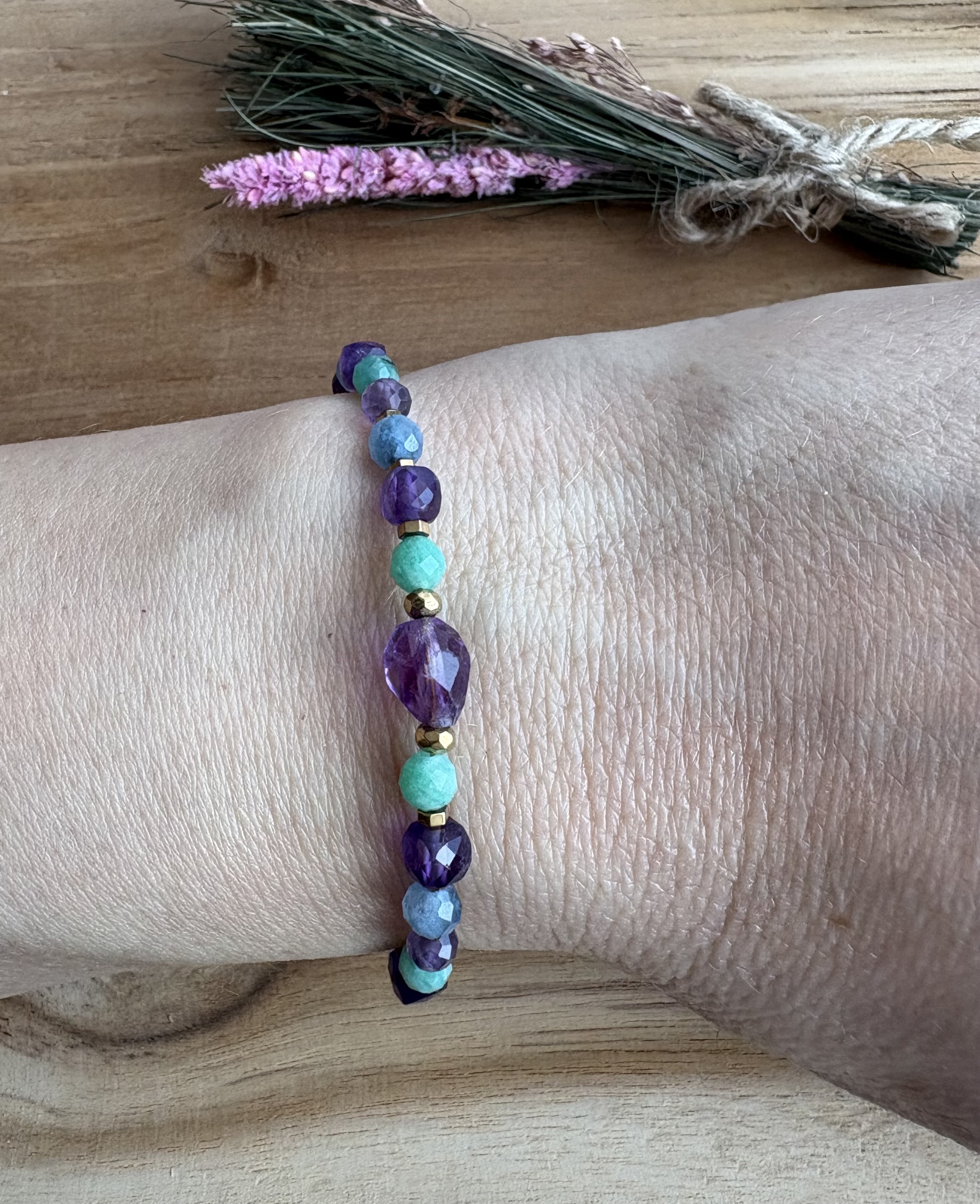 Bransoletka Spring Flowers collection/ametyst/akwamaryn/amazonit/hematyt