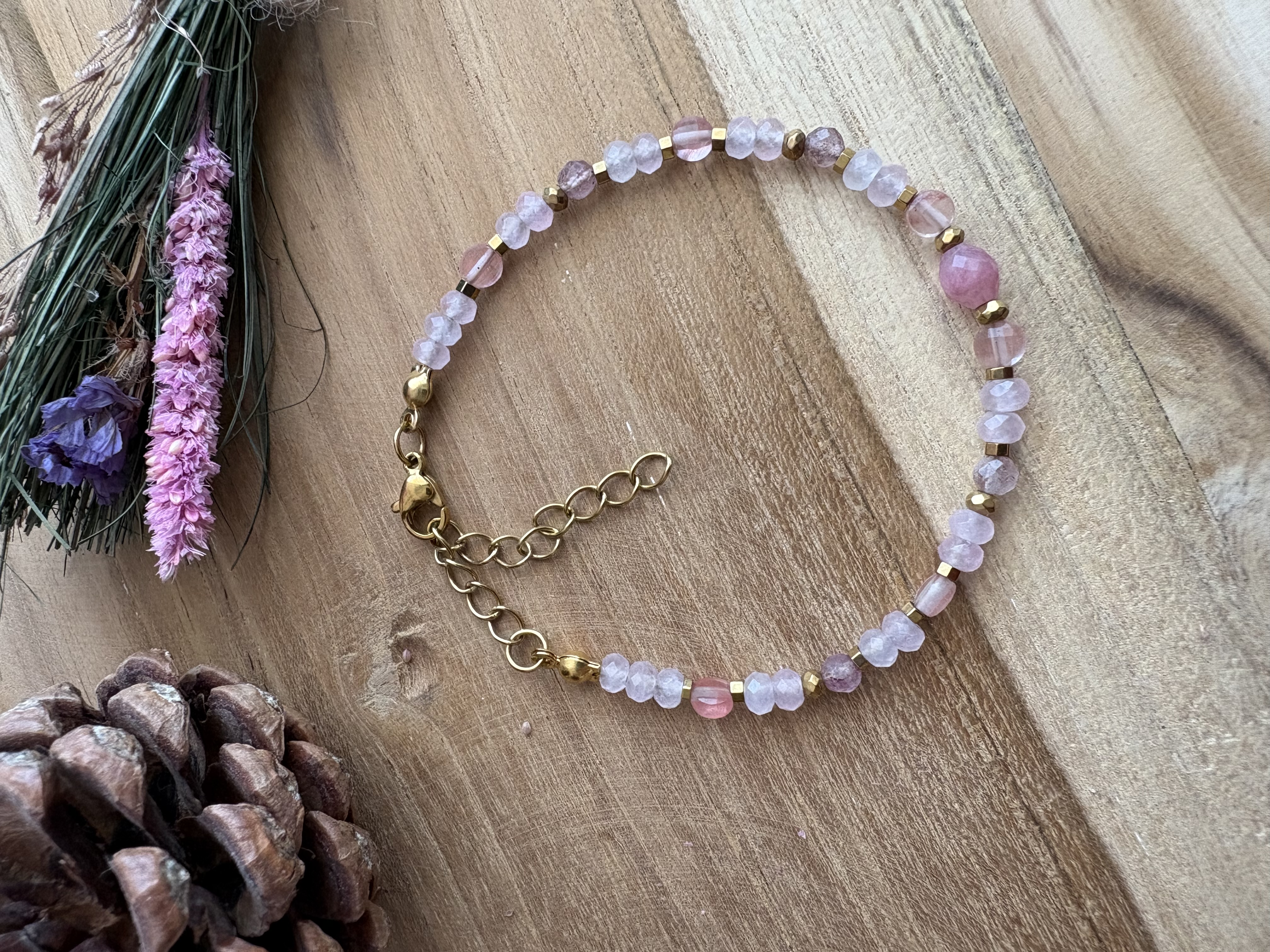 Bransoletka turmalin/kwarc różowy/kwarc truskawkowy/hematyt