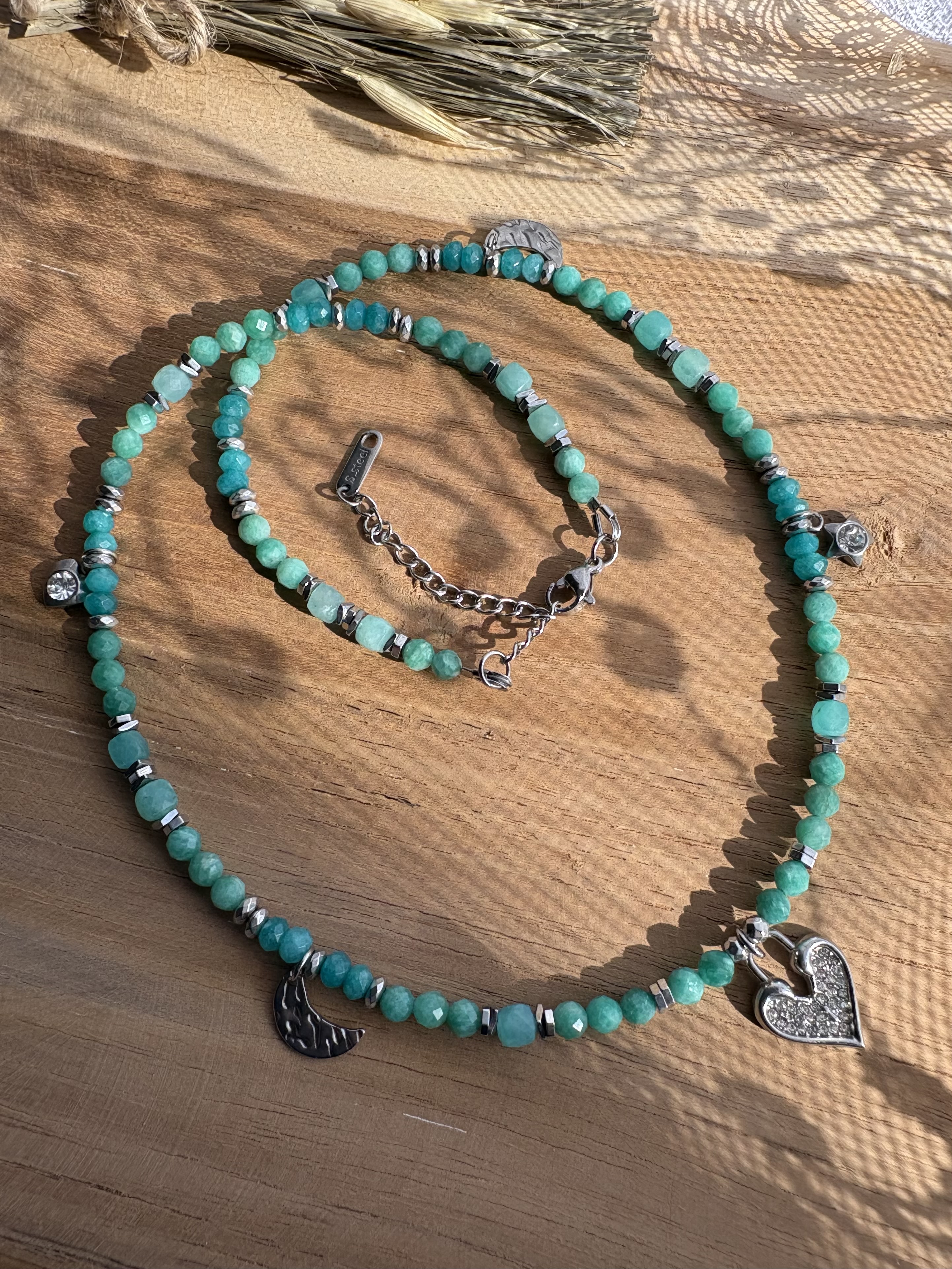 Naszyjnik Amazonian/ amazonit/ chalcedon/ hematyt 