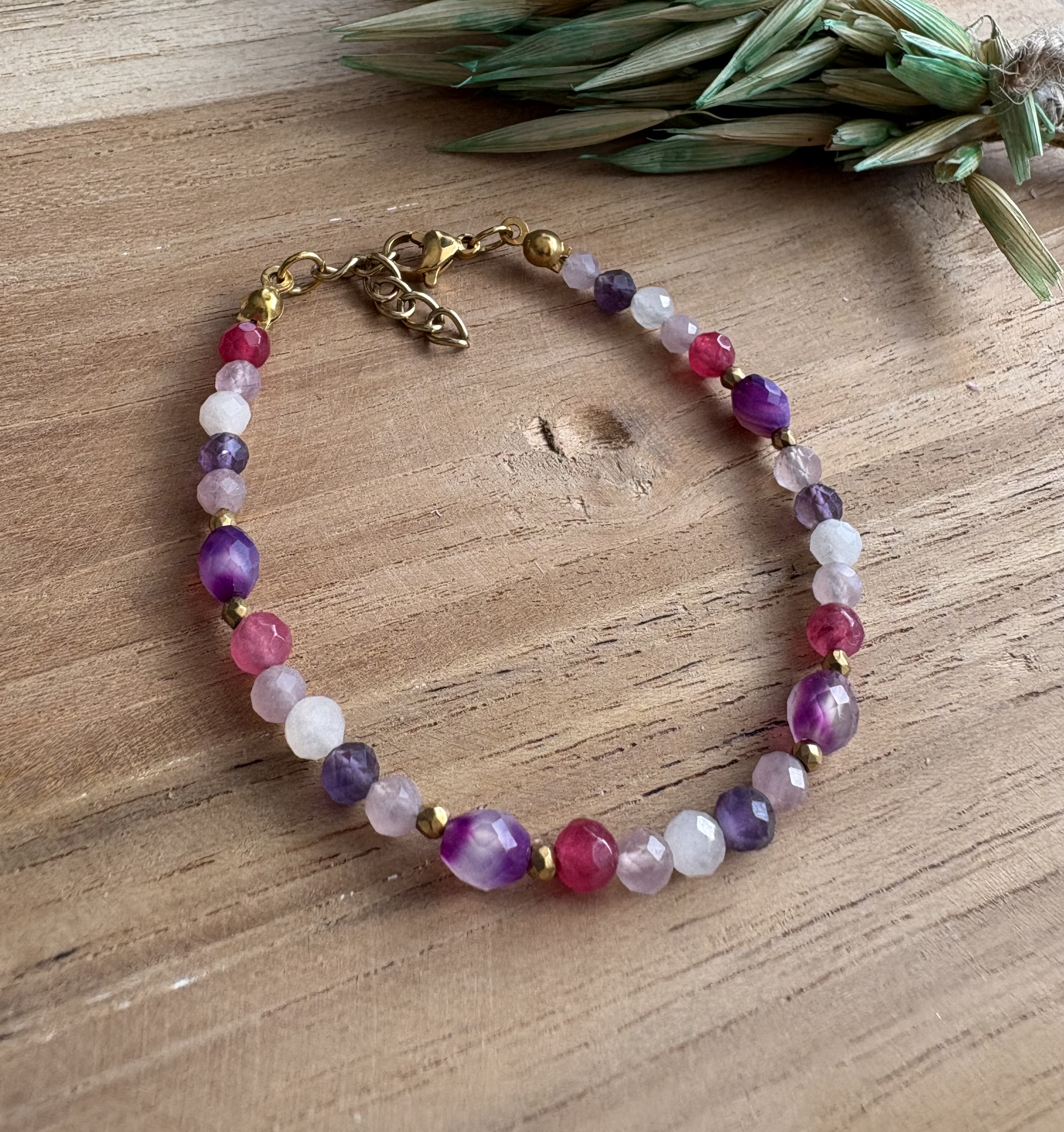 Bransoletka Flowers/ametyst/opal/agat/jadeit/kwarc różowy/hematyt złocony 