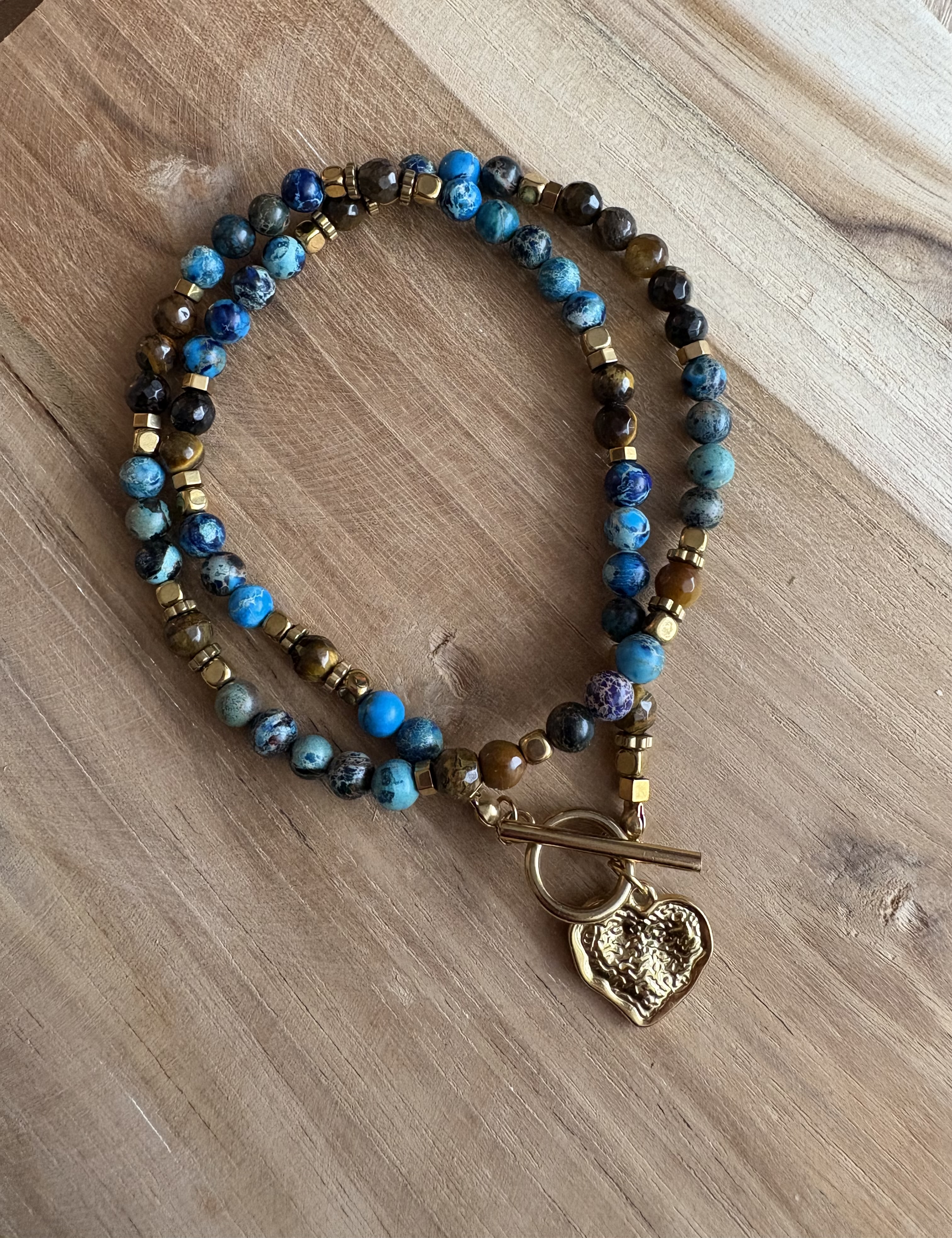 Naszyjnik jaspis, tygrysie oko, hematyt złocony- Azure bronze