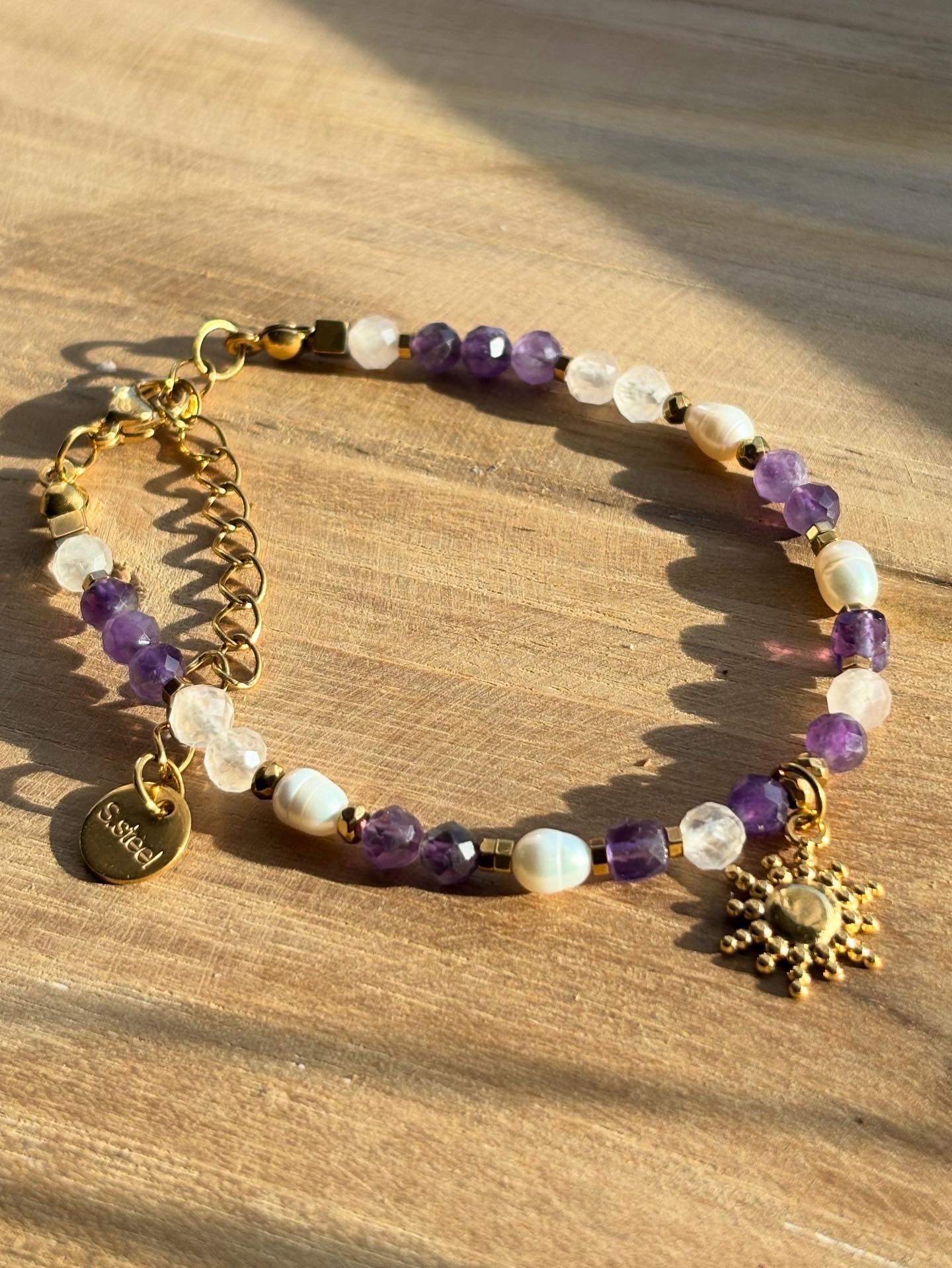 Bransoletka ametyst/kwarc różowy/perła słodkowodna 