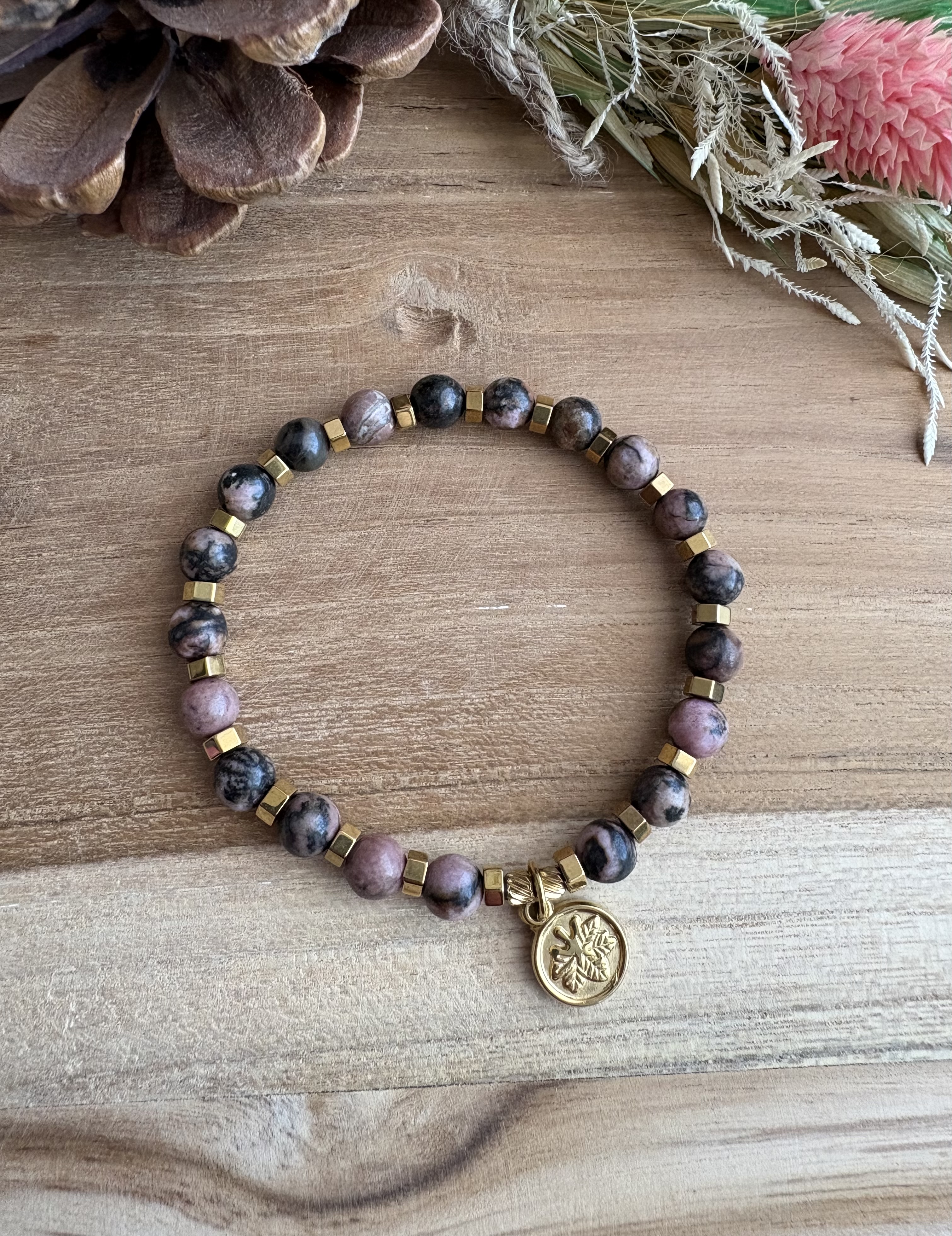 Bransoletka rodonit/hematyt złocony 