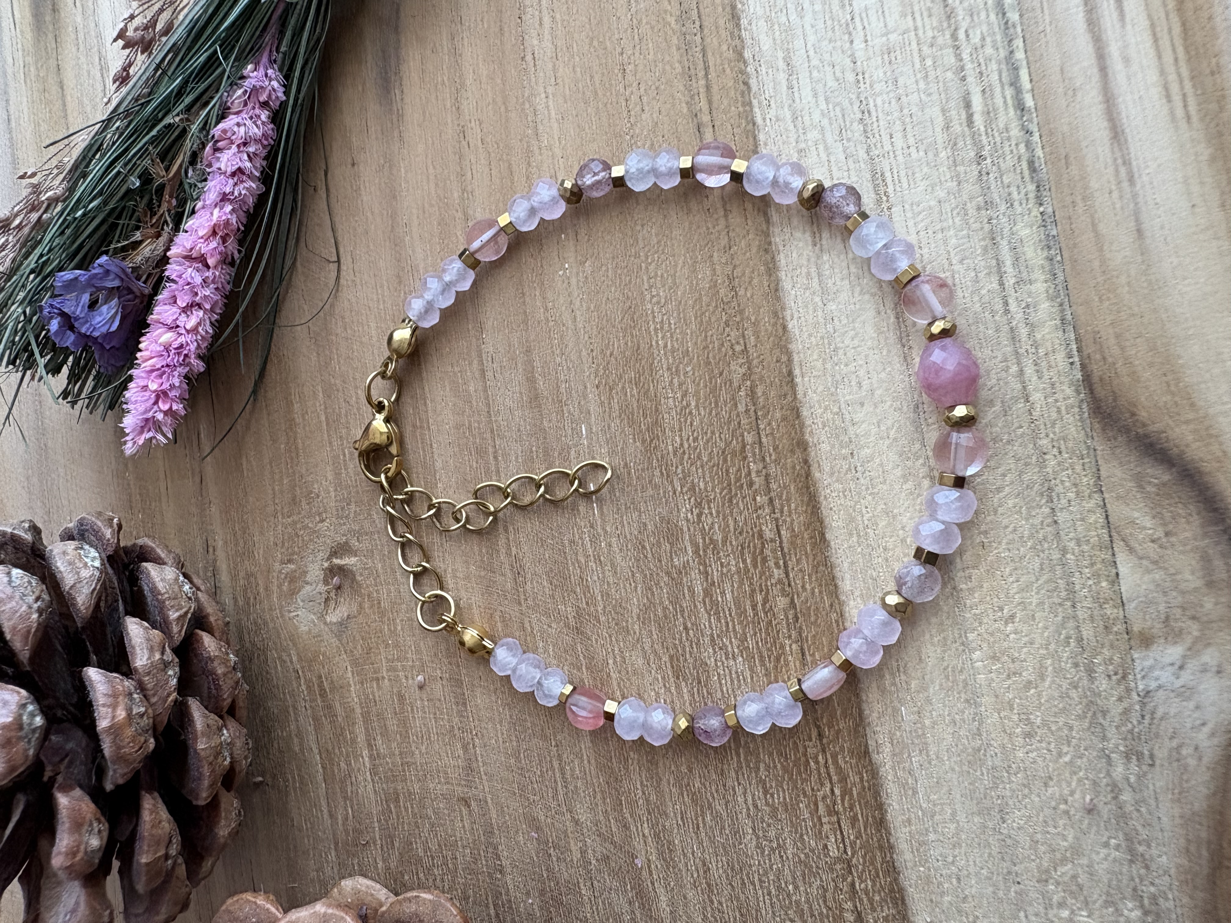 Bransoletka turmalin/kwarc różowy/kwarc truskawkowy/hematyt