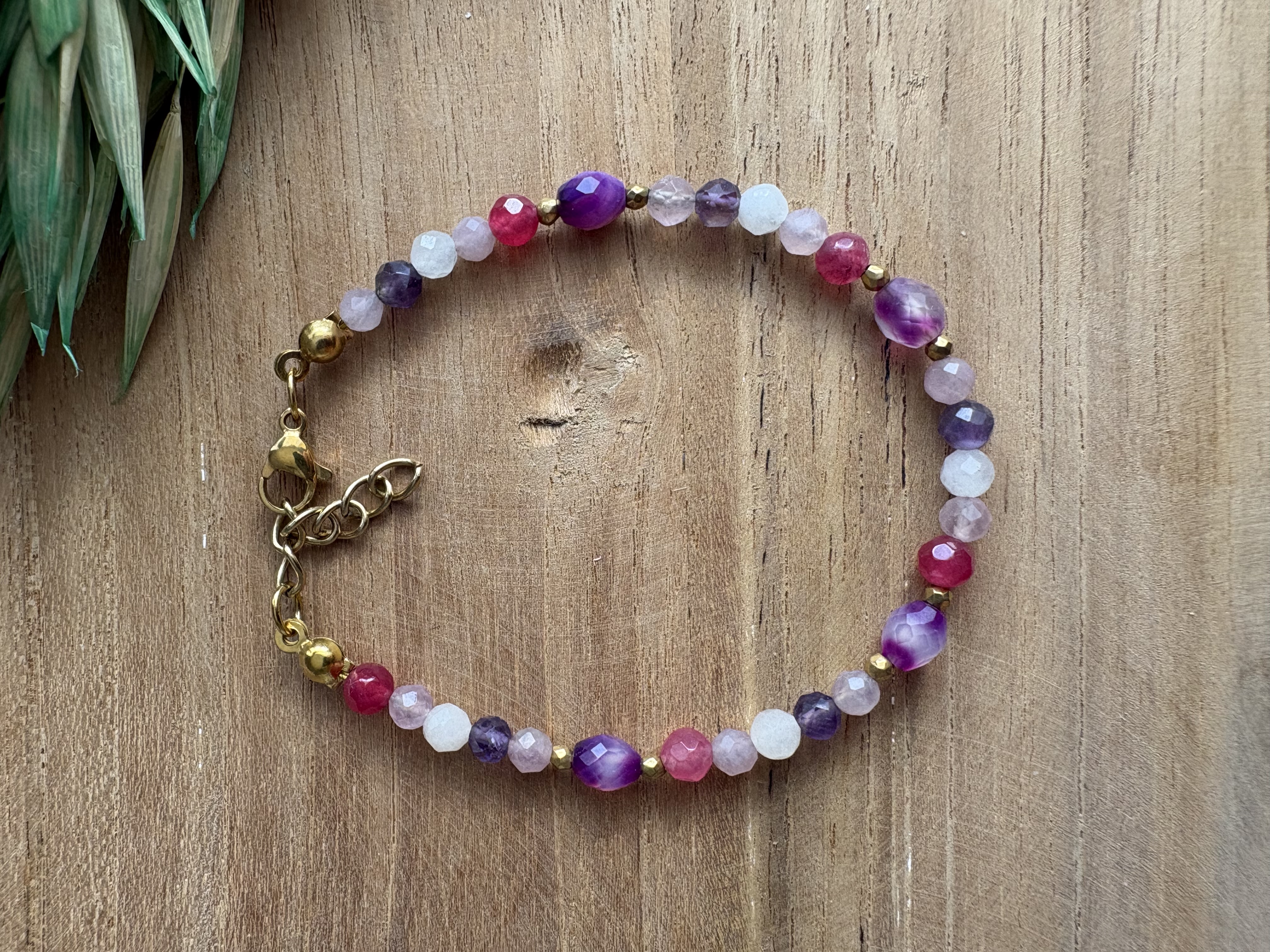 Bransoletka Flowers/ametyst/opal/agat/jadeit/kwarc różowy/hematyt złocony 