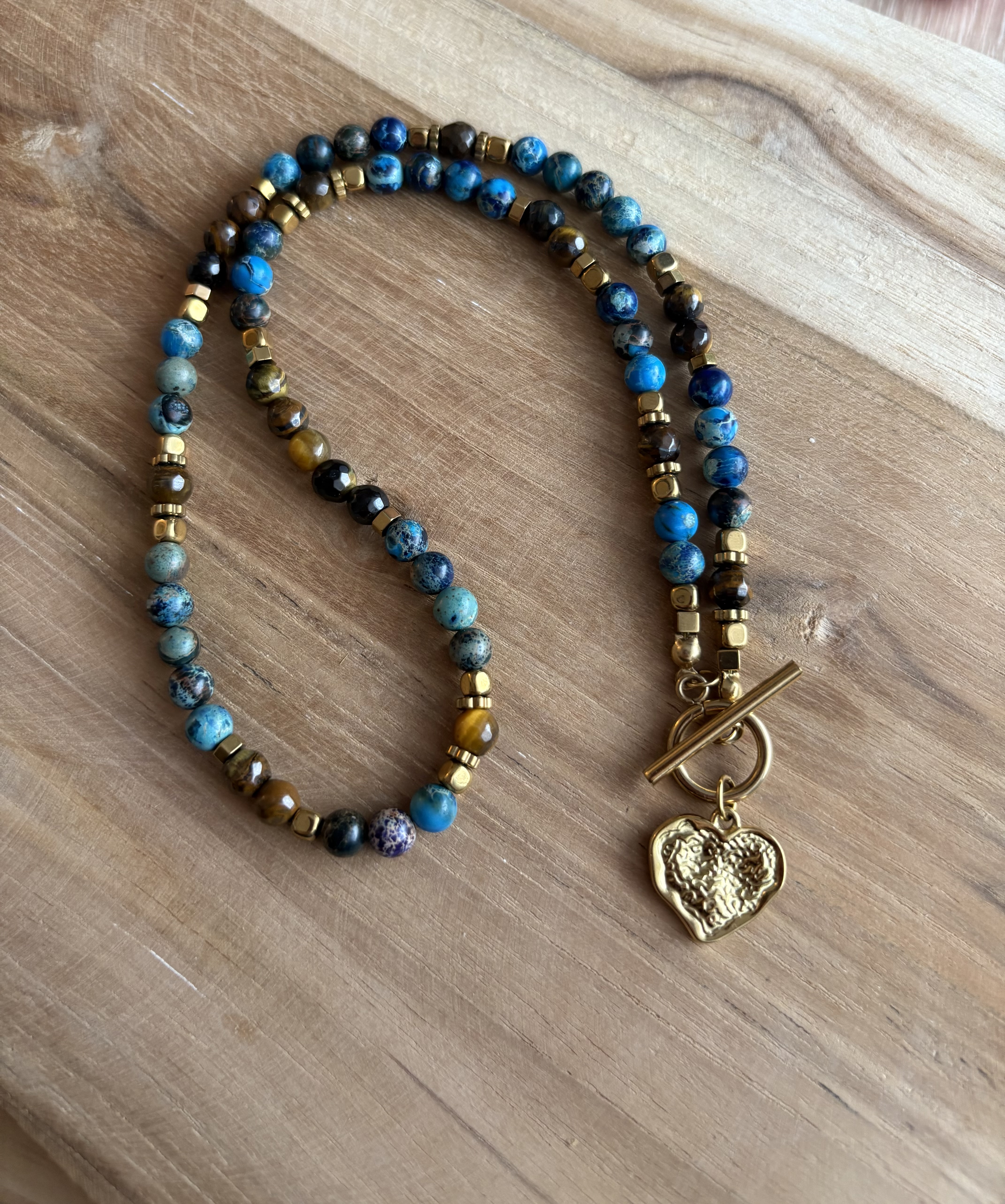 Naszyjnik jaspis, tygrysie oko, hematyt złocony- Azure bronze