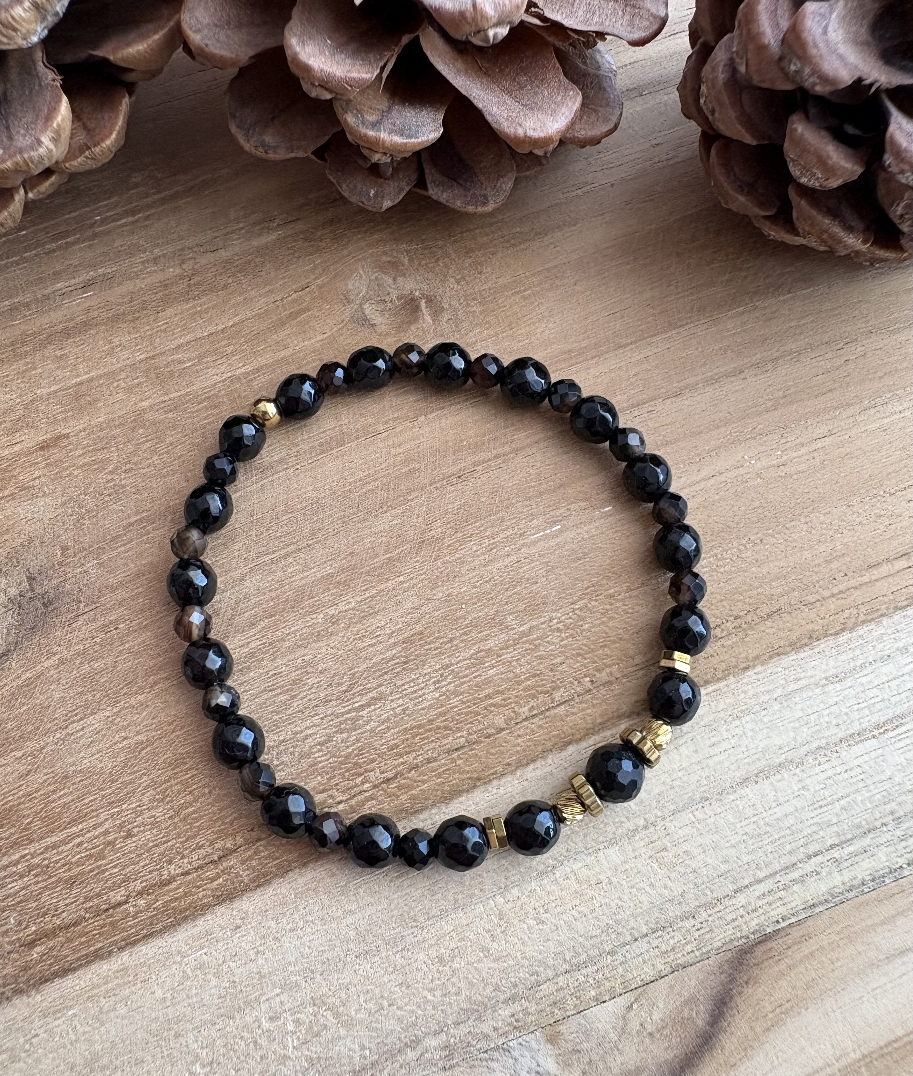 Bransoletka czarny turmalin/agat/złocony hematyt 