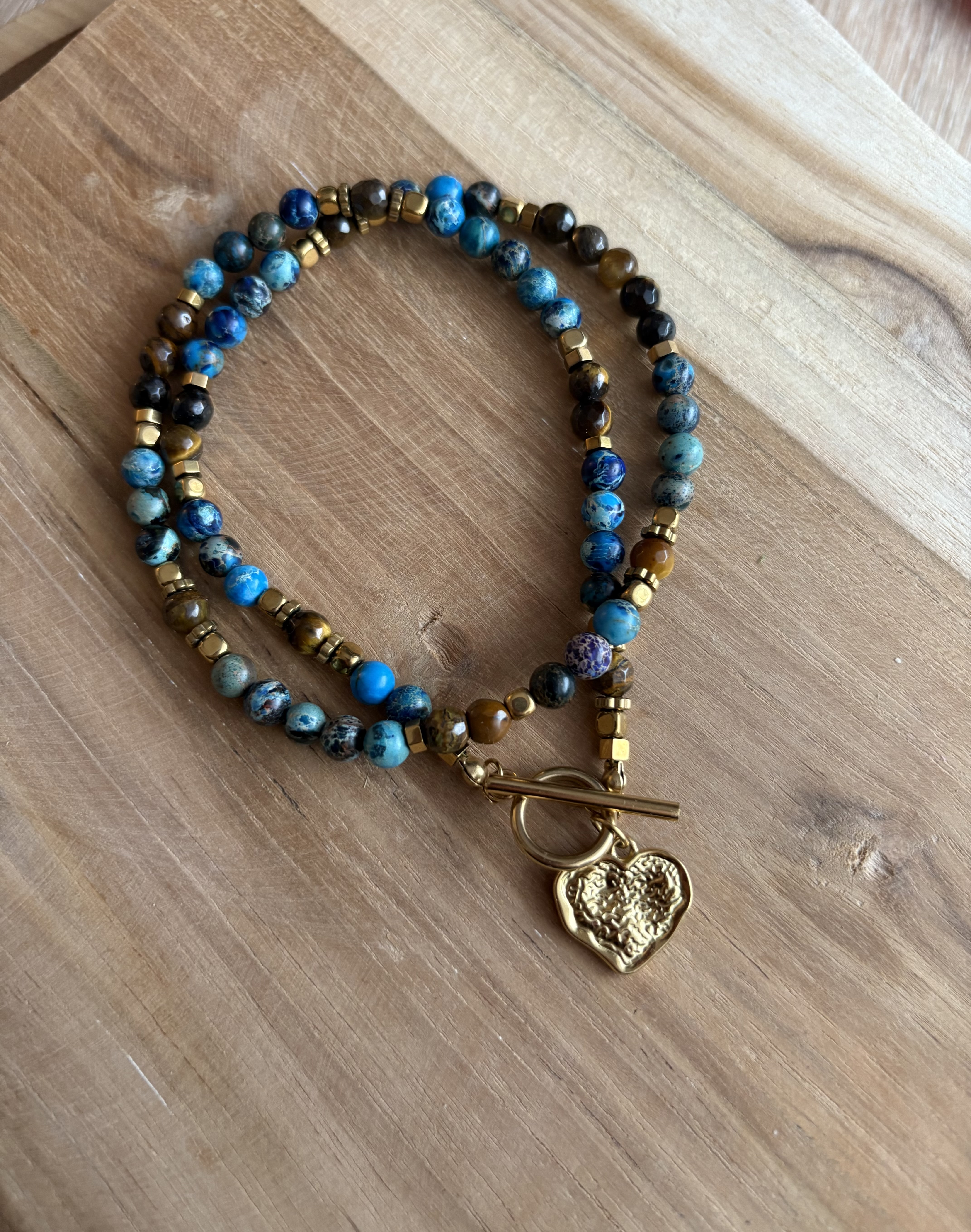 Naszyjnik jaspis, tygrysie oko, hematyt złocony- Azure bronze