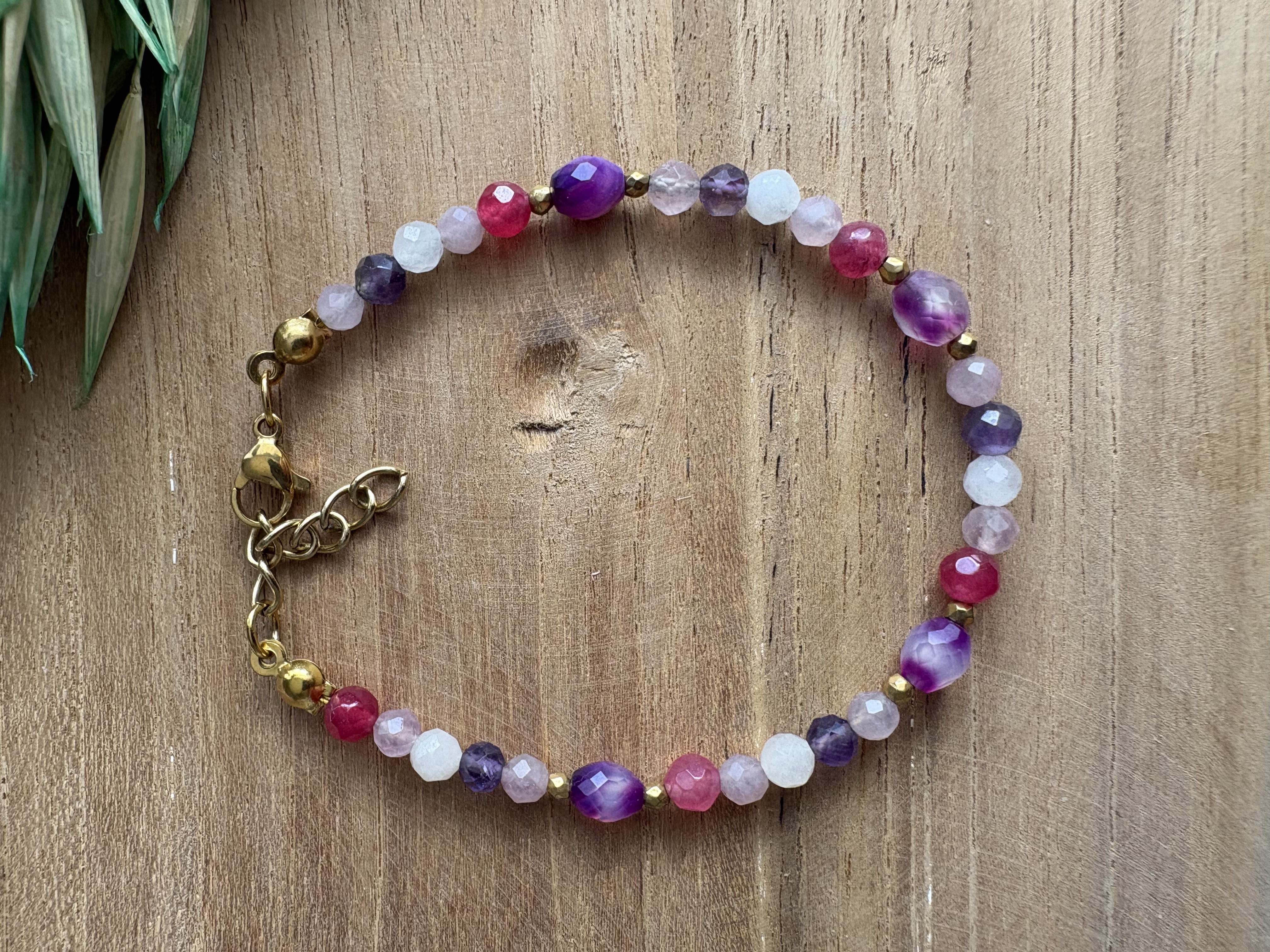 Bransoletka Flowers/ametyst/opal/agat/jadeit/kwarc różowy/hematyt złocony 