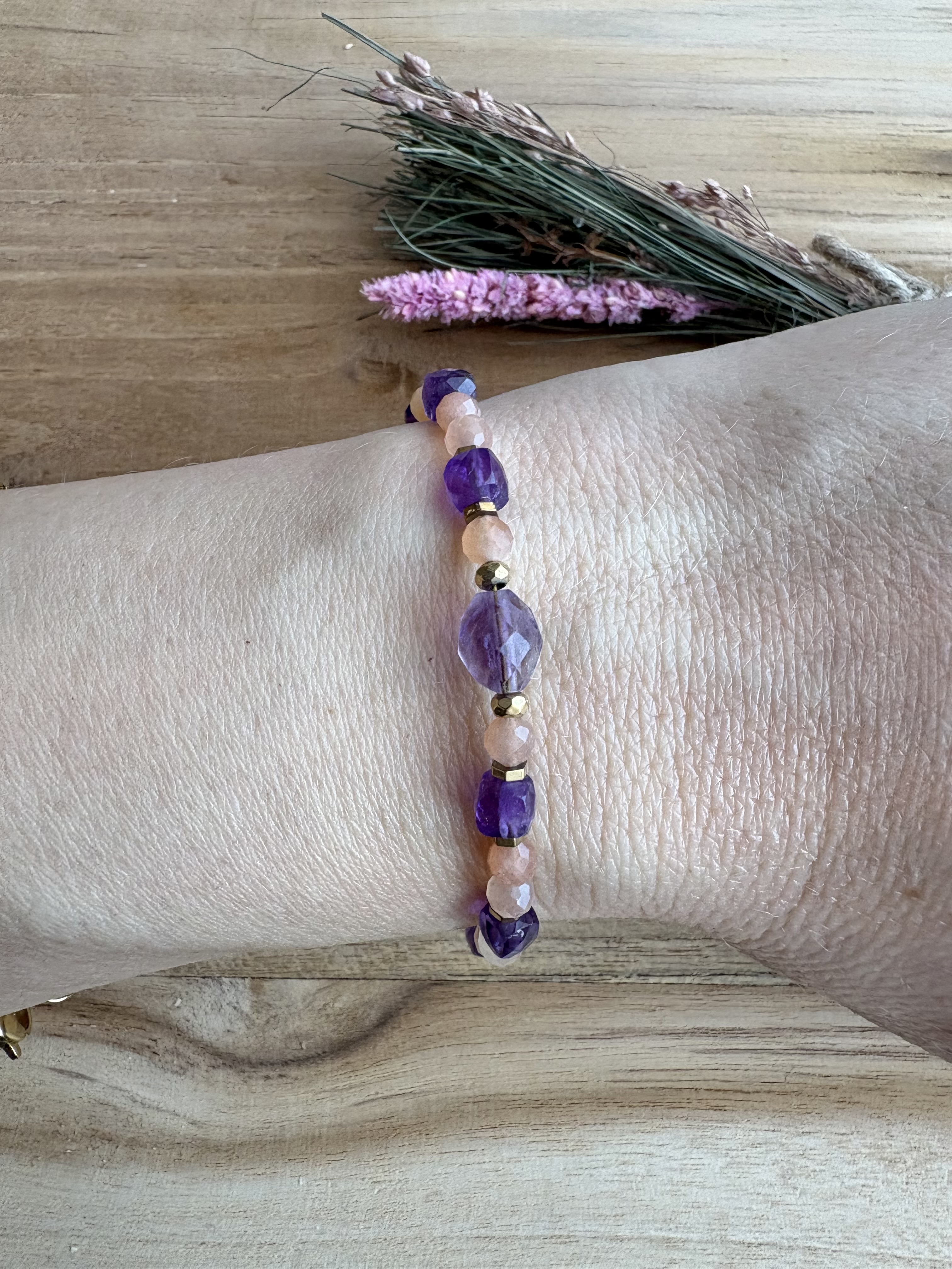 Bransoletka Spring Flowers collection/ kamień słoneczny/ ametyst/ hematyt 