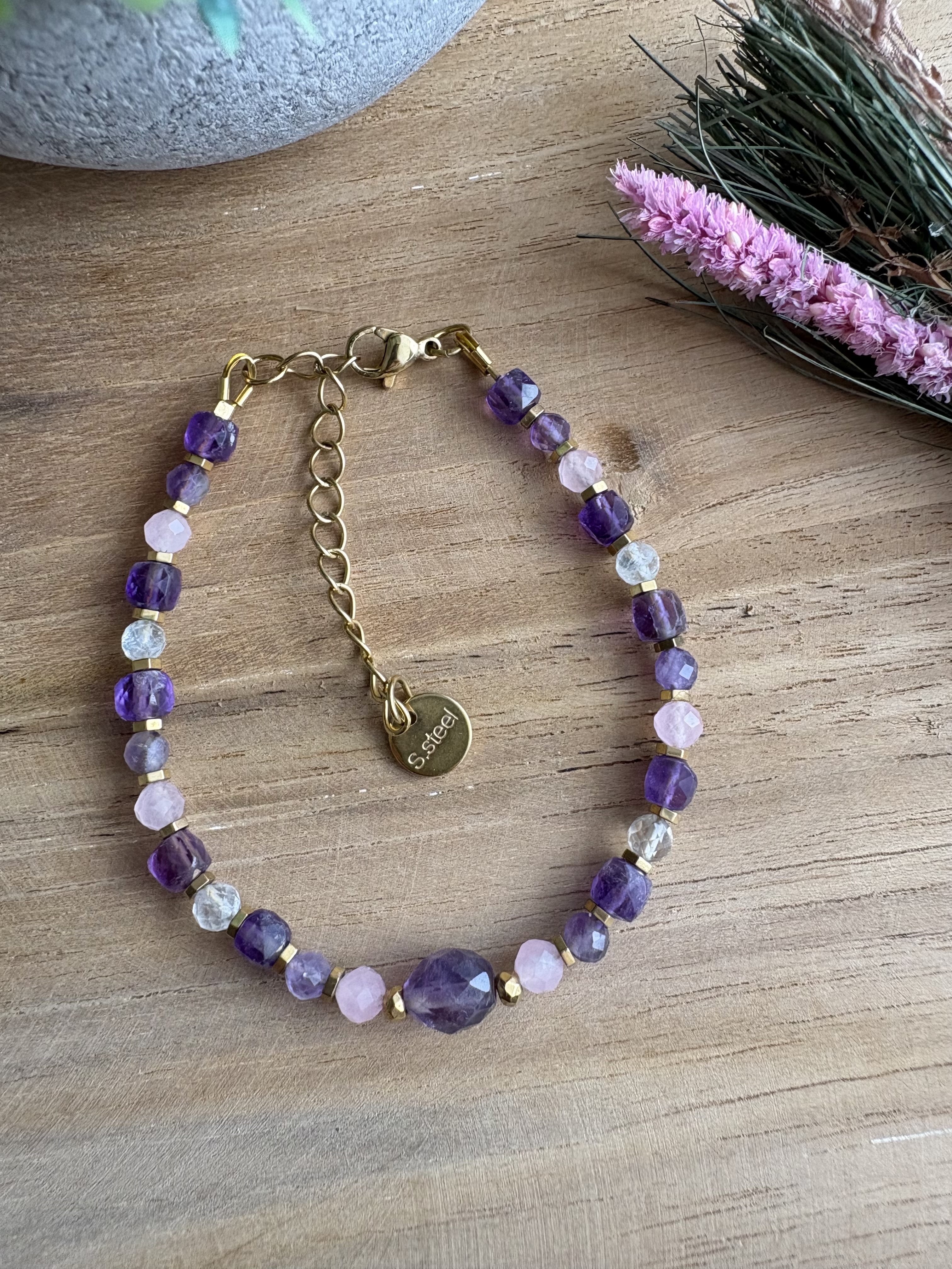 Bransoletka Spring Flowers collection/ametyst/ kwarc różowy/kryształ górski/hematyt