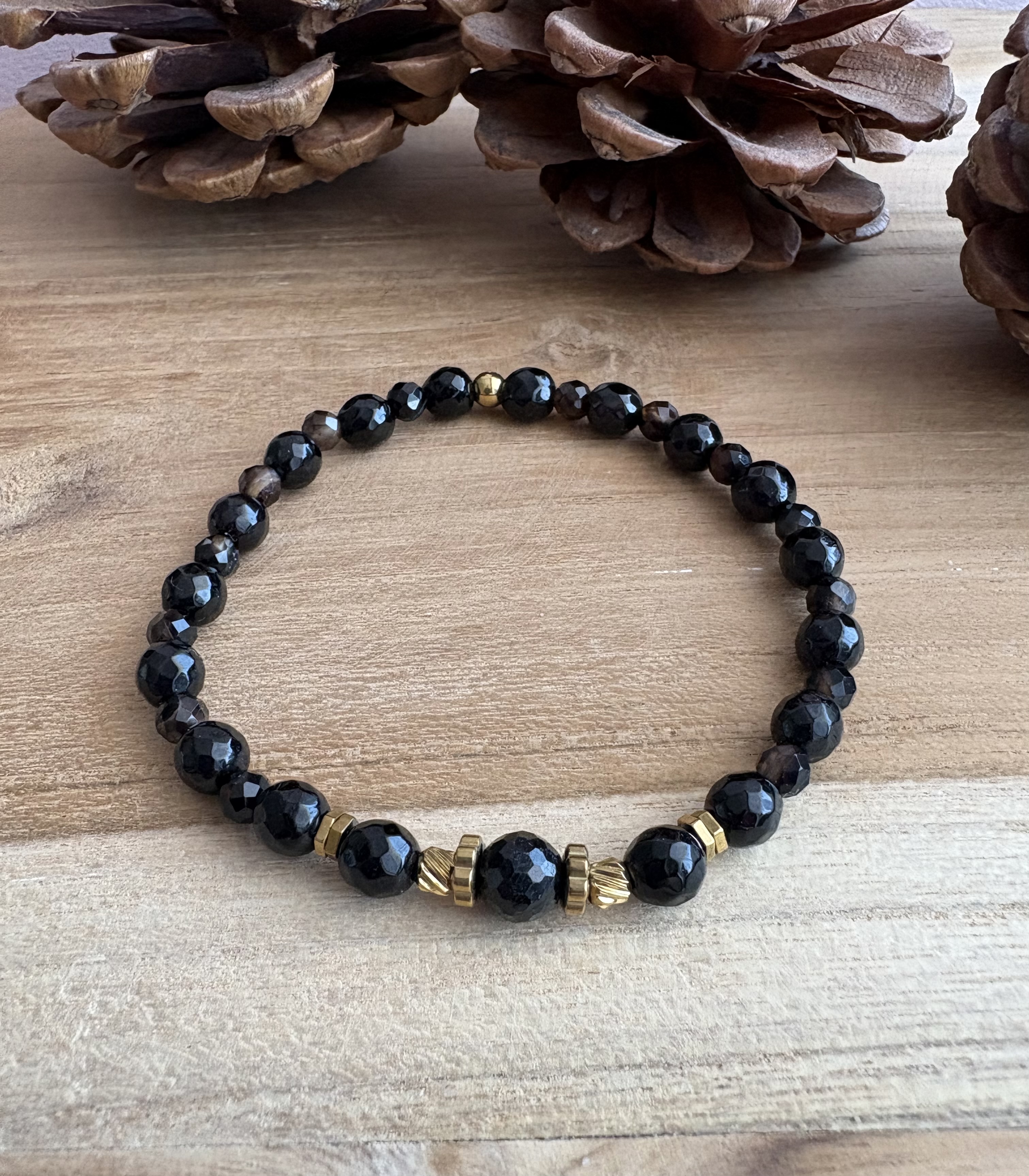 Bransoletka czarny turmalin/agat/złocony hematyt 