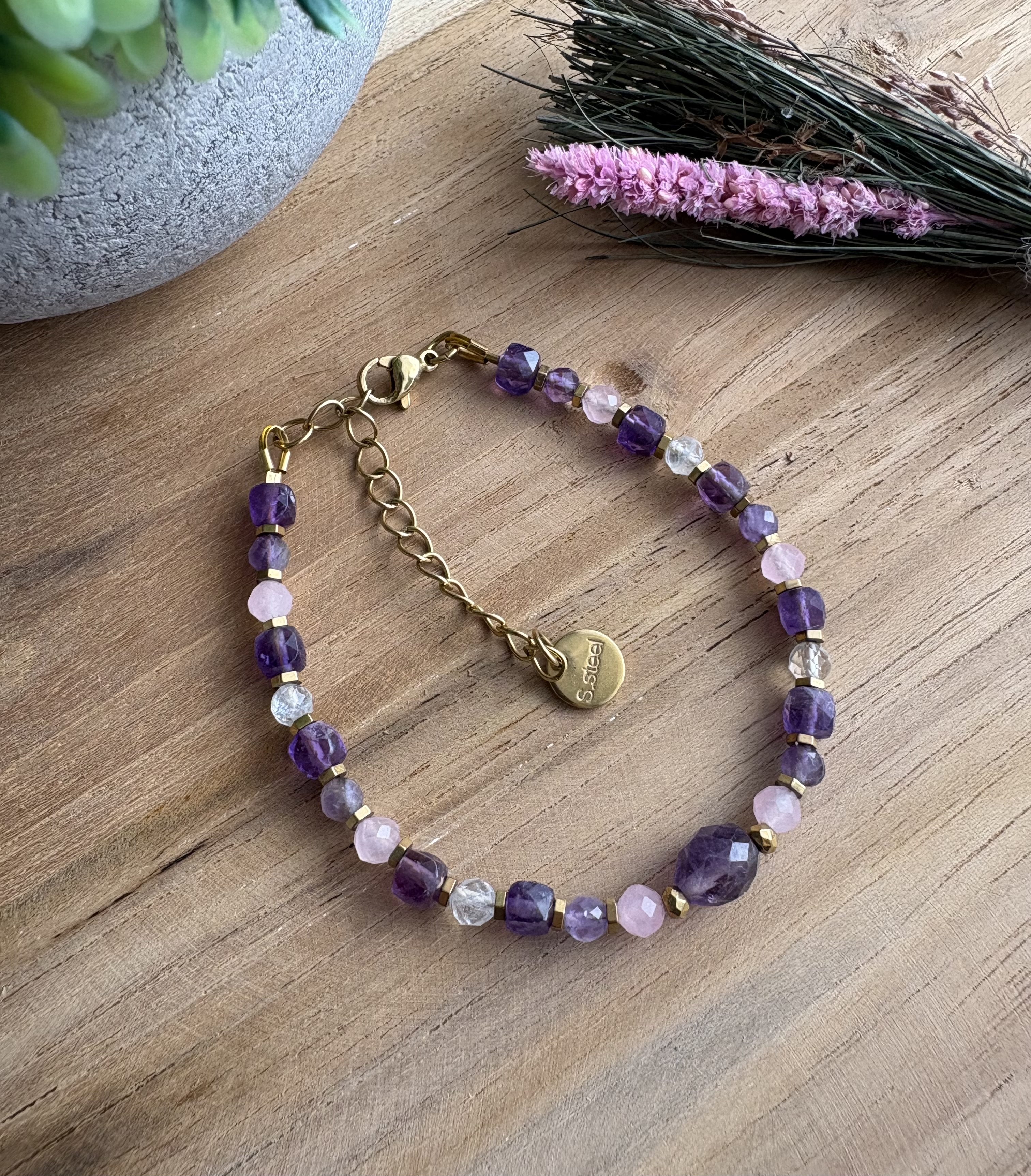 Bransoletka Spring Flowers collection/ametyst/ kwarc różowy/kryształ górski/hematyt