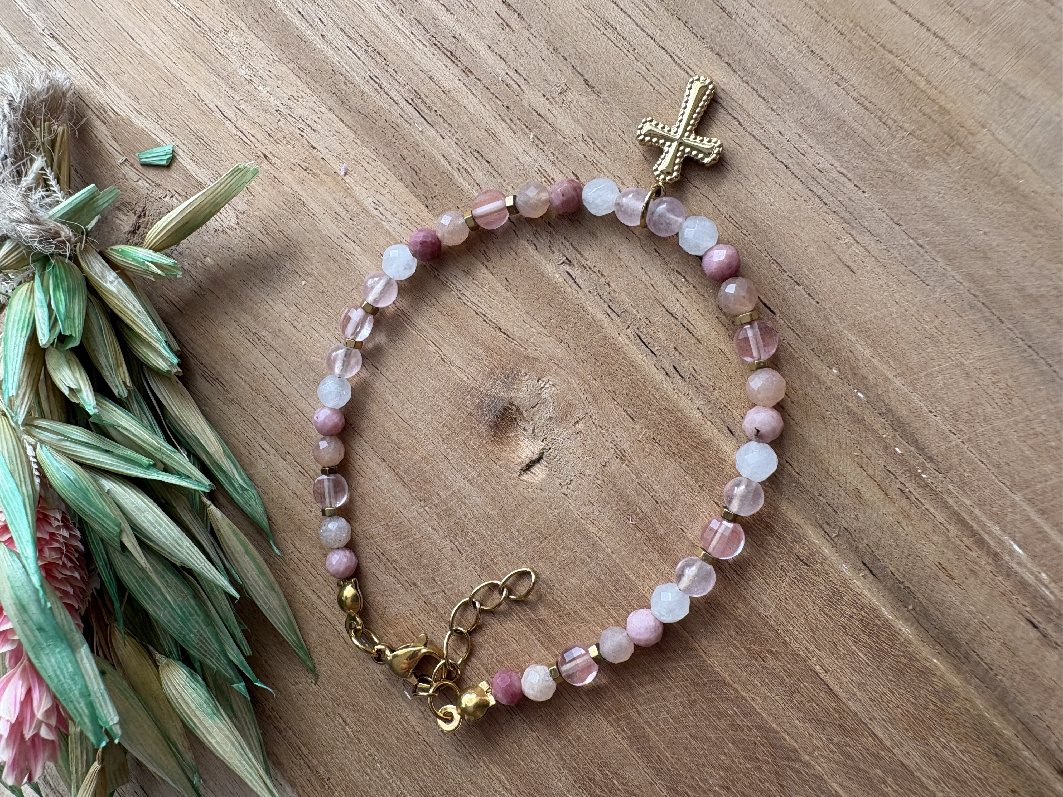 Bransoletka Delicate glow/kwarc różowy/rodonit/jadeit/opal