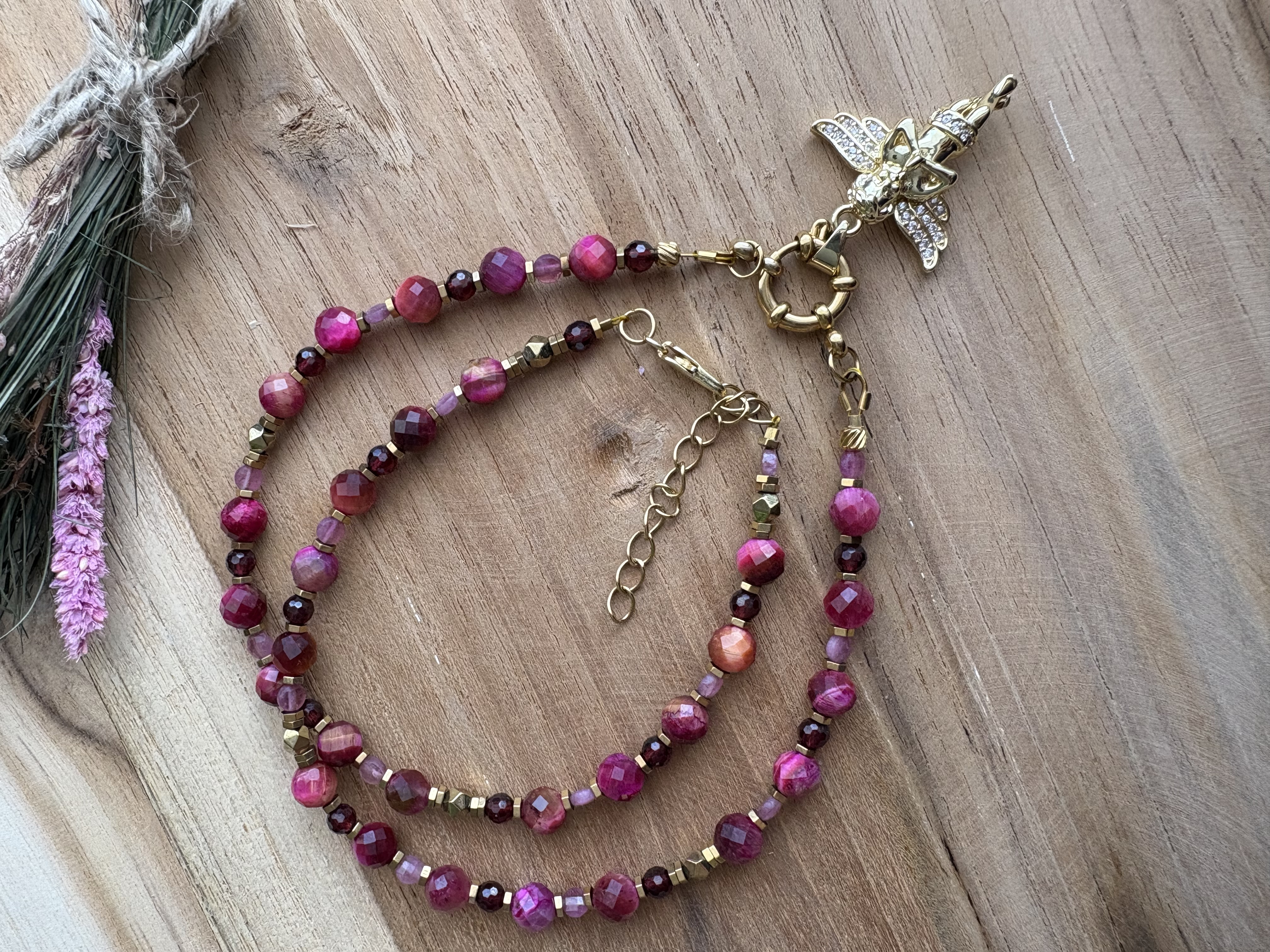 Naszyjnik Angelic Peace/różowe tygrysie oko/granat/różowy turmalin