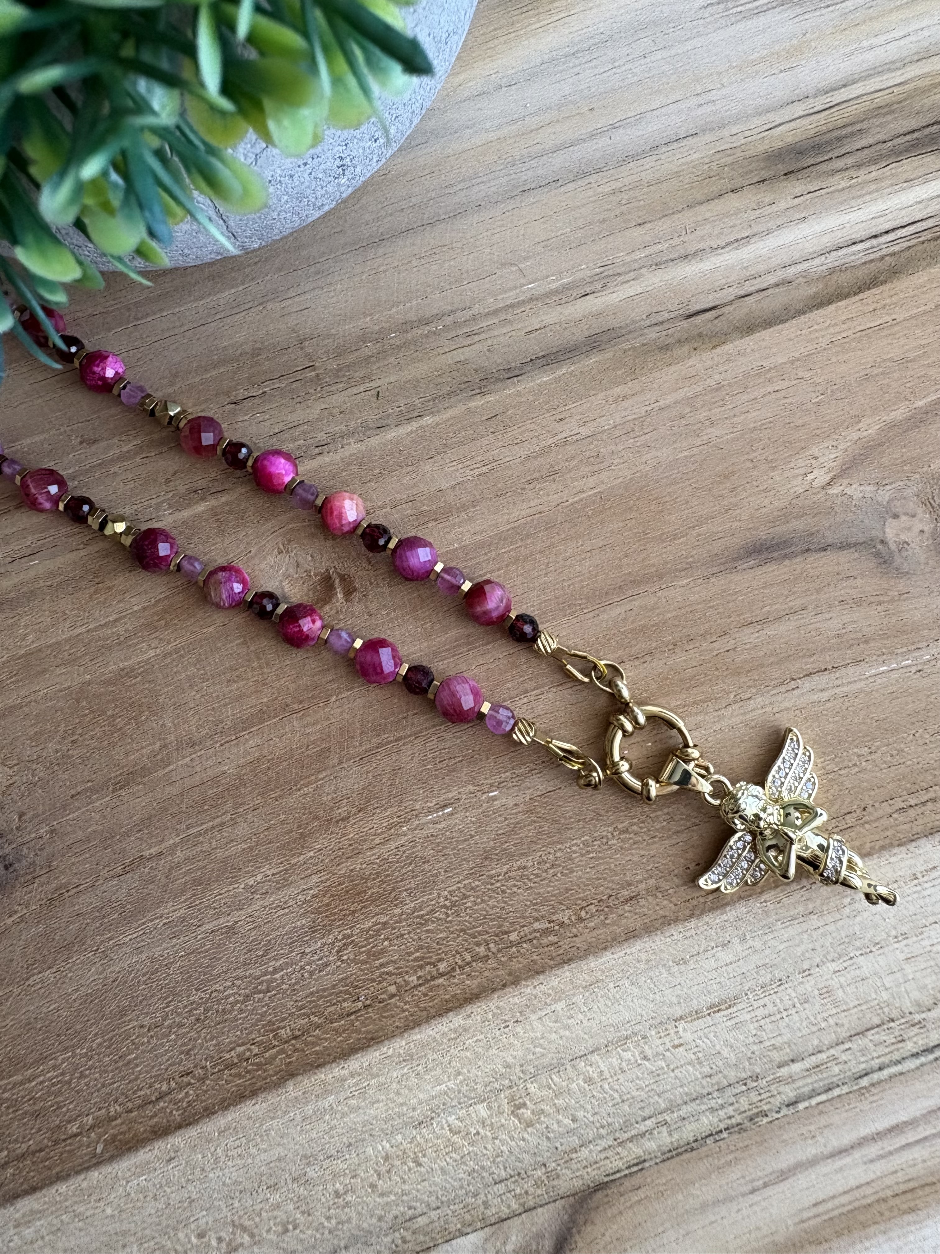 Naszyjnik Angelic Peace/różowe tygrysie oko/granat/różowy turmalin