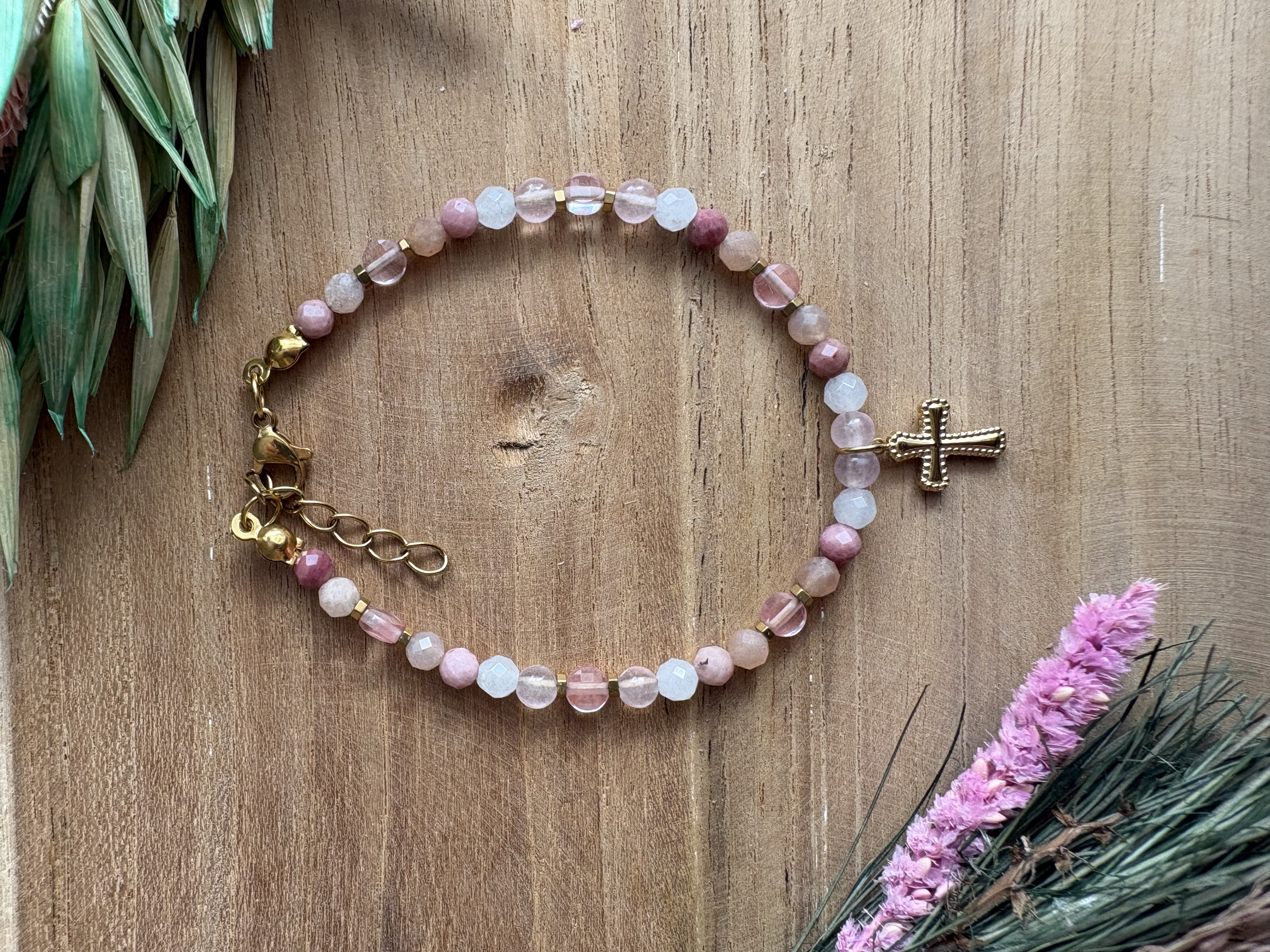 Bransoletka Delicate glow/kwarc różowy/rodonit/jadeit/opal