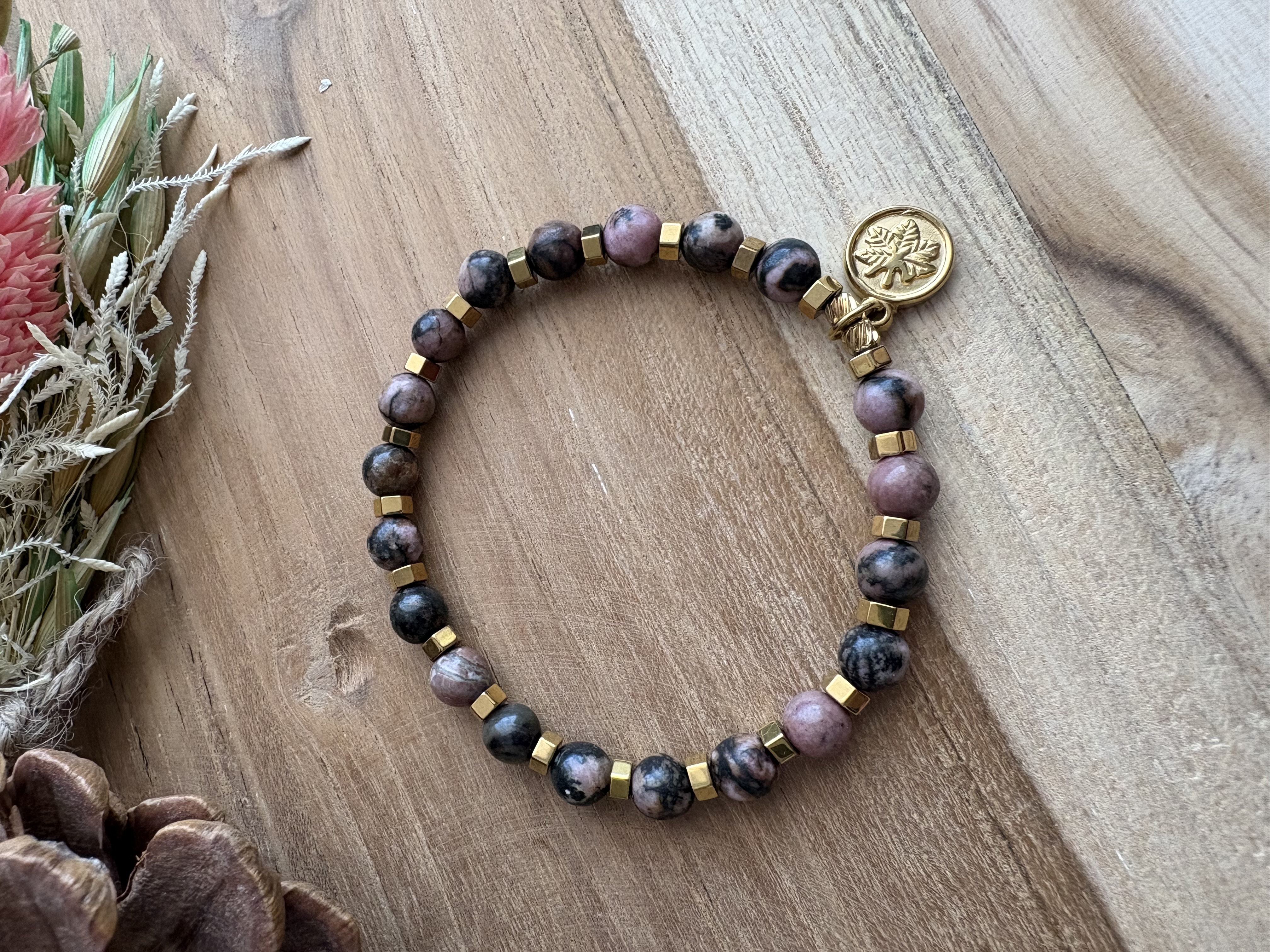 Bransoletka rodonit/hematyt złocony 