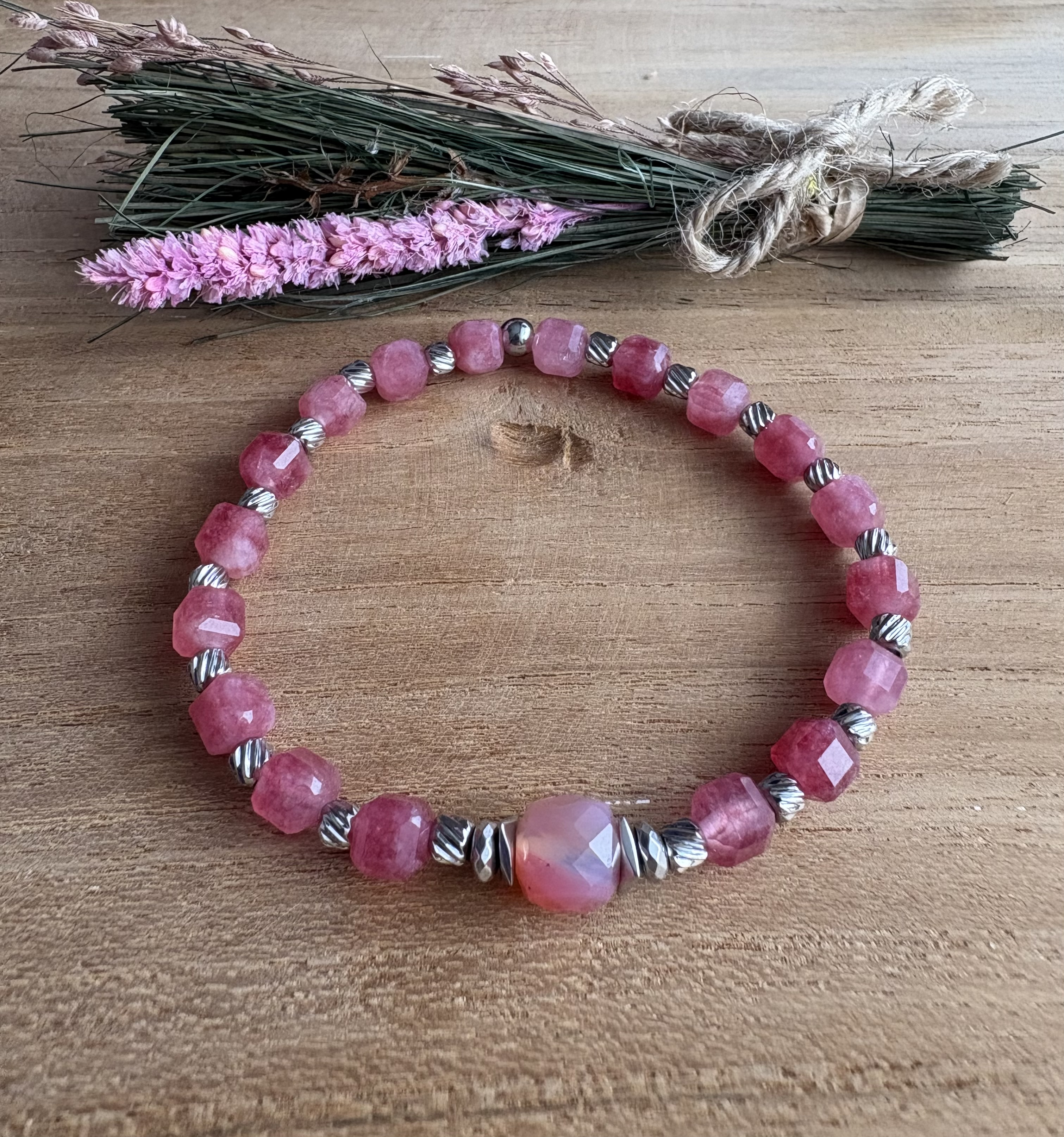 Bransoletka Touch of Rose/ jadeit turmalinowy/agat/hematyt