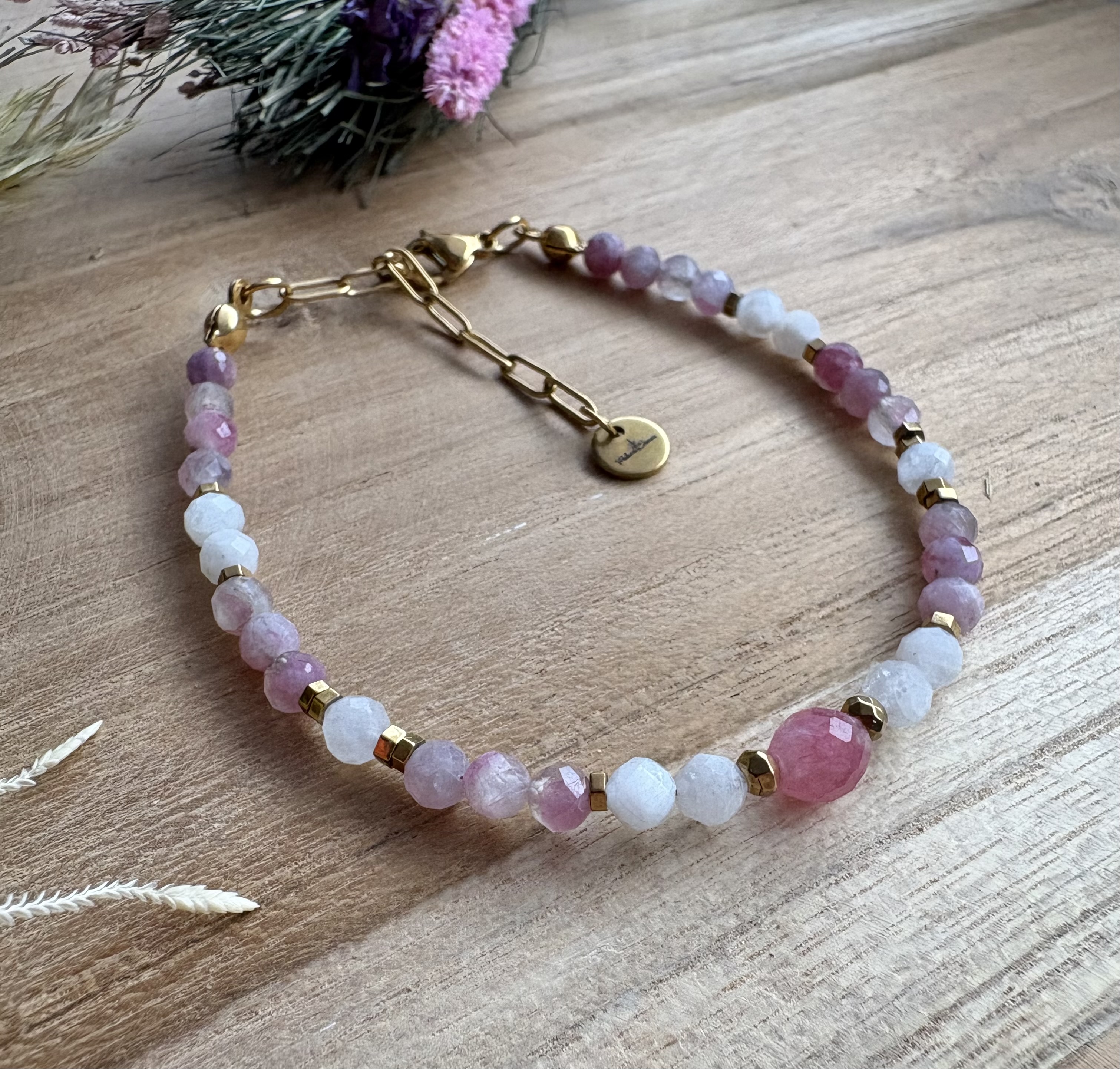 Bransoletka Rose & Moon/ kamień księżycowy/turmalin/hematyt