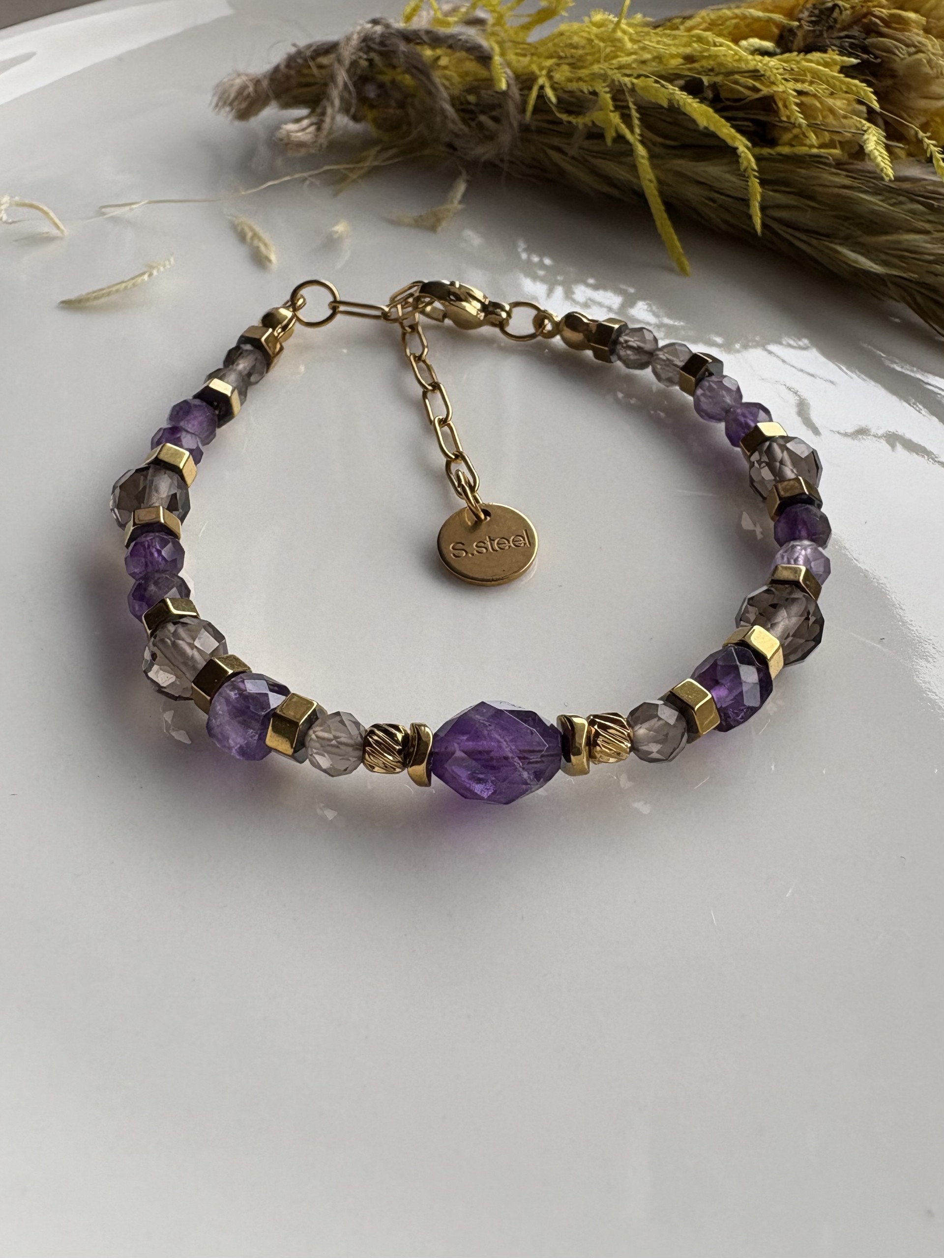 Bransoletka z ametystem, kwarc dymny - Theresia