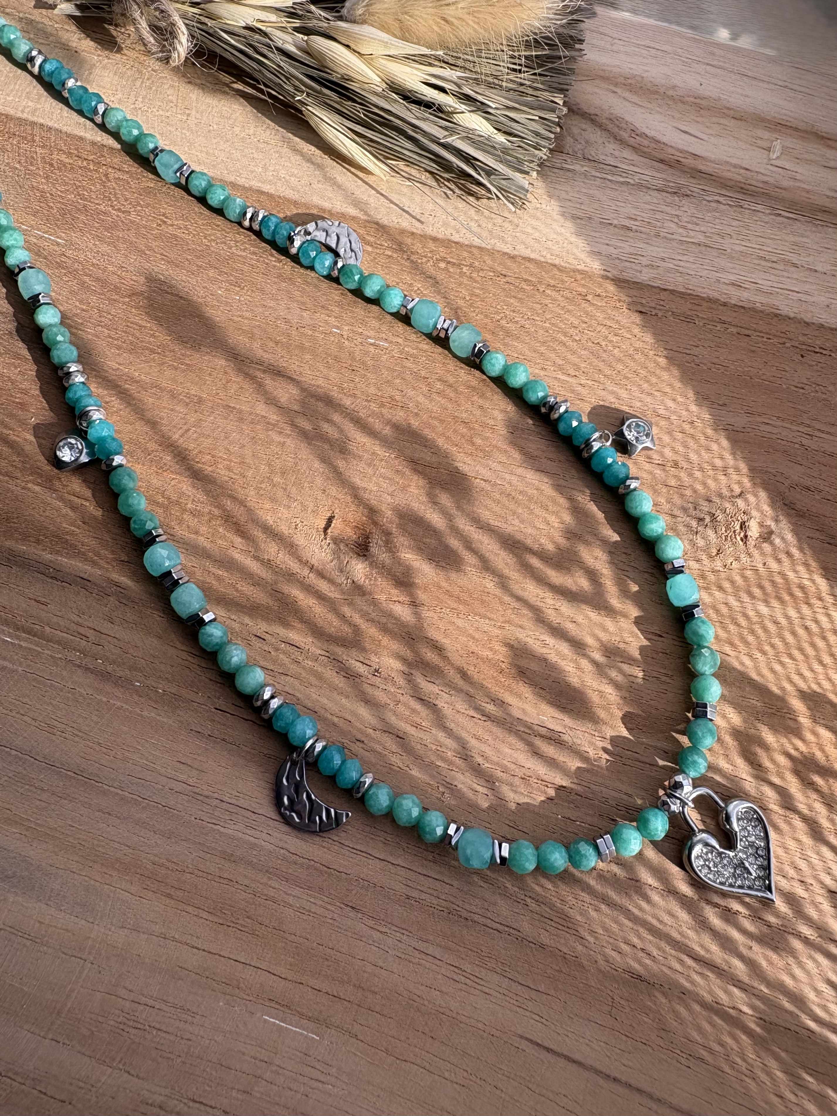 Naszyjnik Amazonian/ amazonit/ chalcedon/ hematyt 