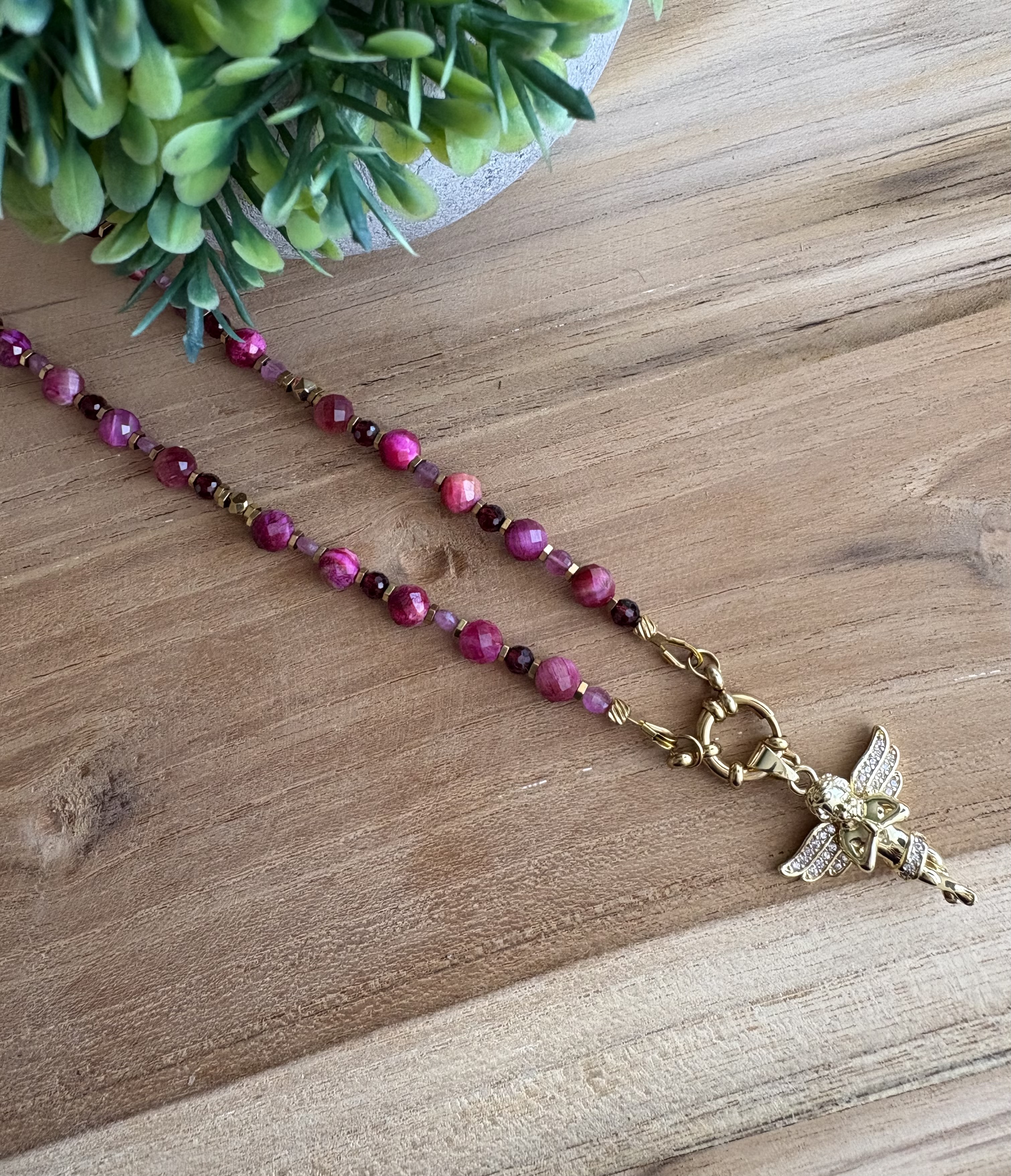 Naszyjnik Angelic Peace/różowe tygrysie oko/granat/różowy turmalin