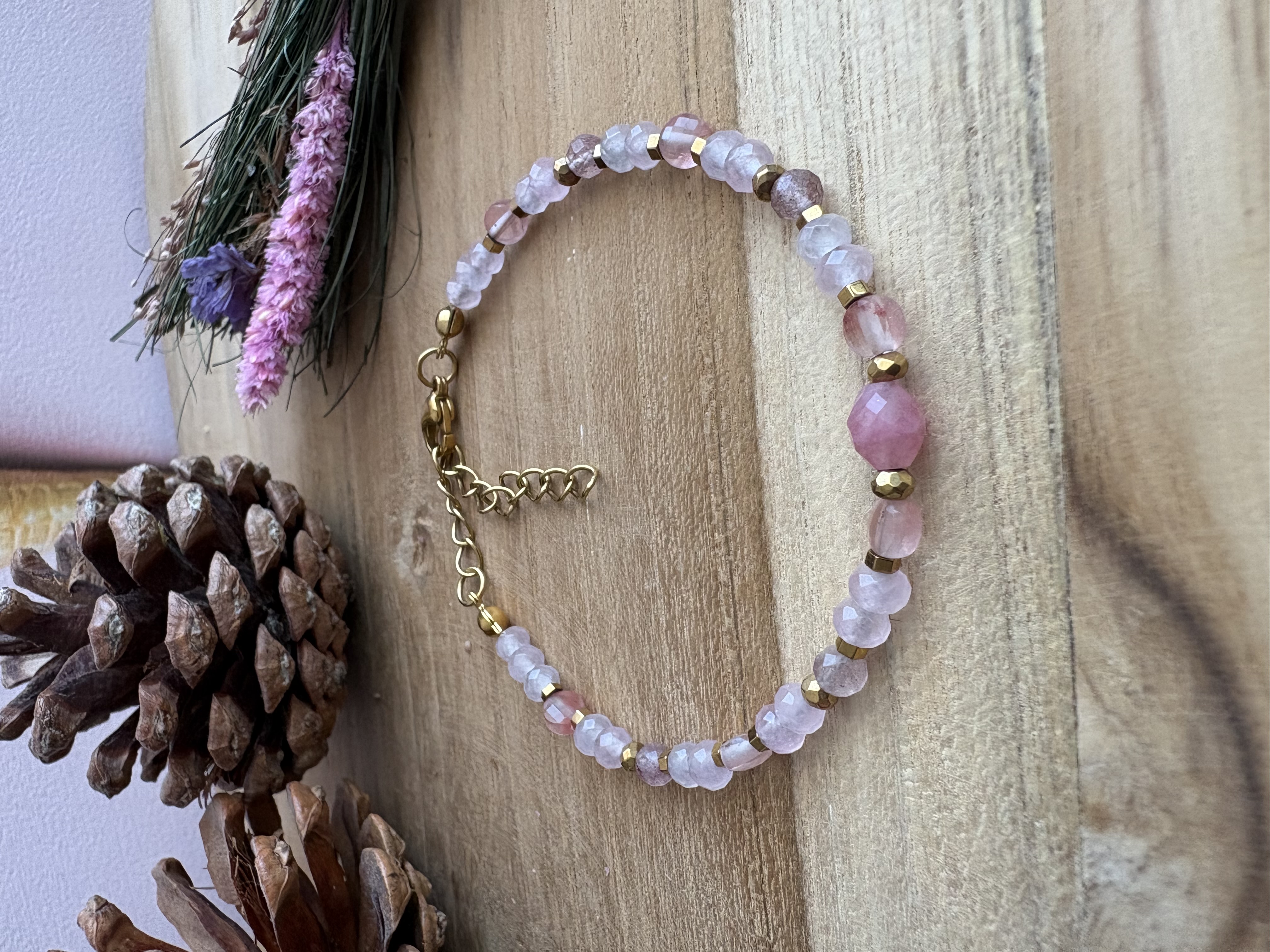 Bransoletka turmalin/kwarc różowy/kwarc truskawkowy/hematyt