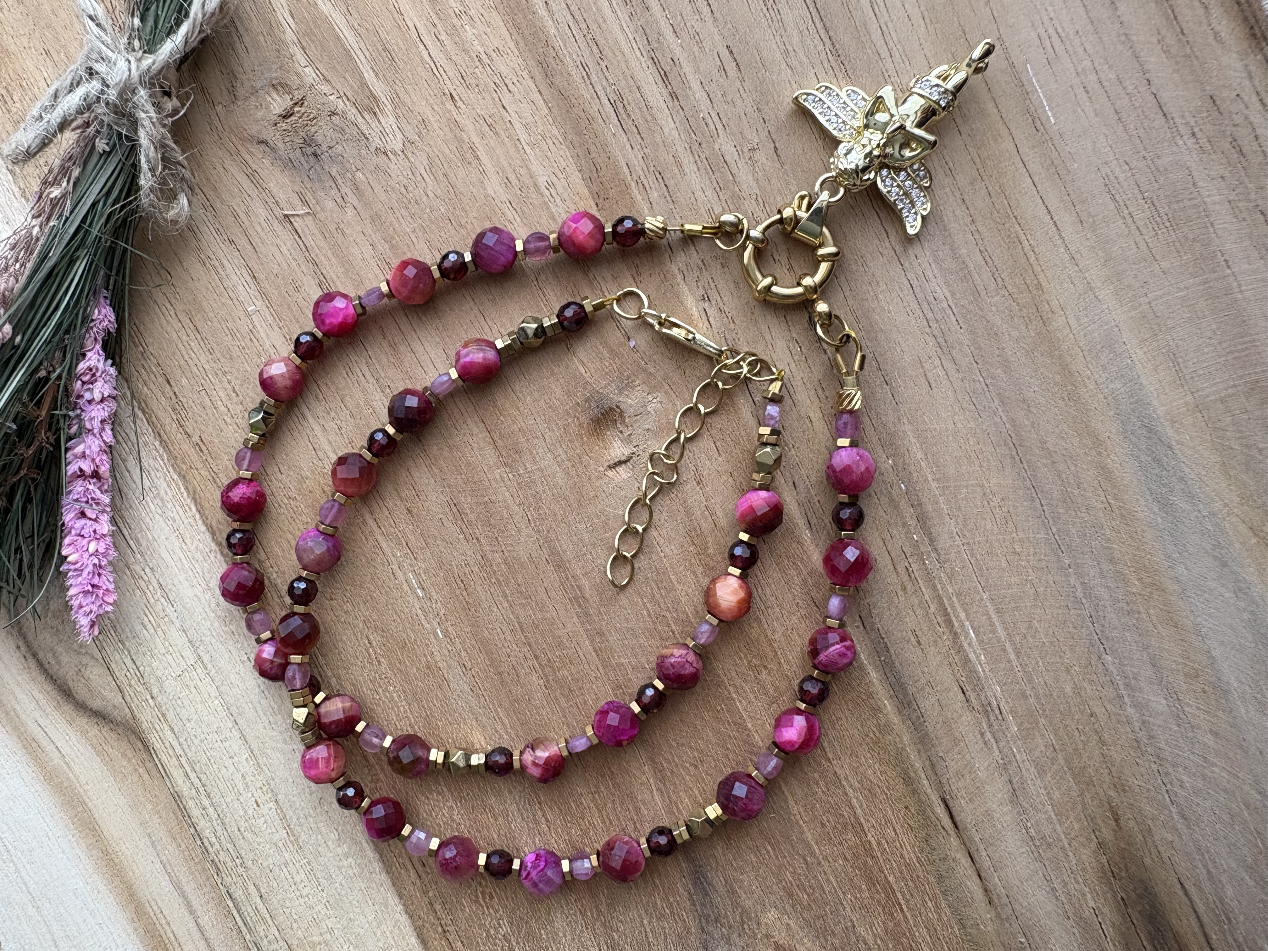 Naszyjnik Angelic Peace/różowe tygrysie oko/granat/różowy turmalin