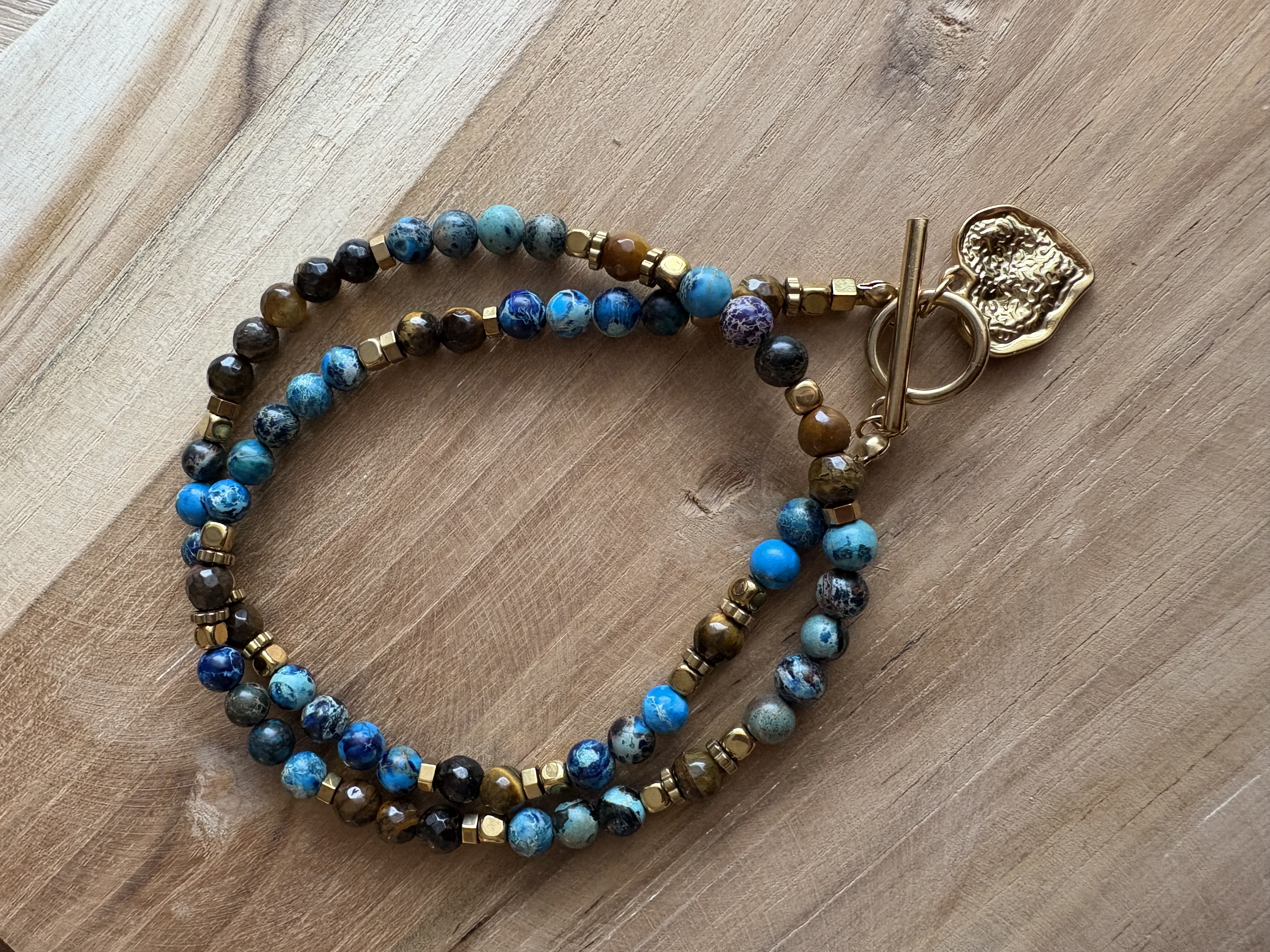 Naszyjnik jaspis, tygrysie oko, hematyt złocony- Azure bronze