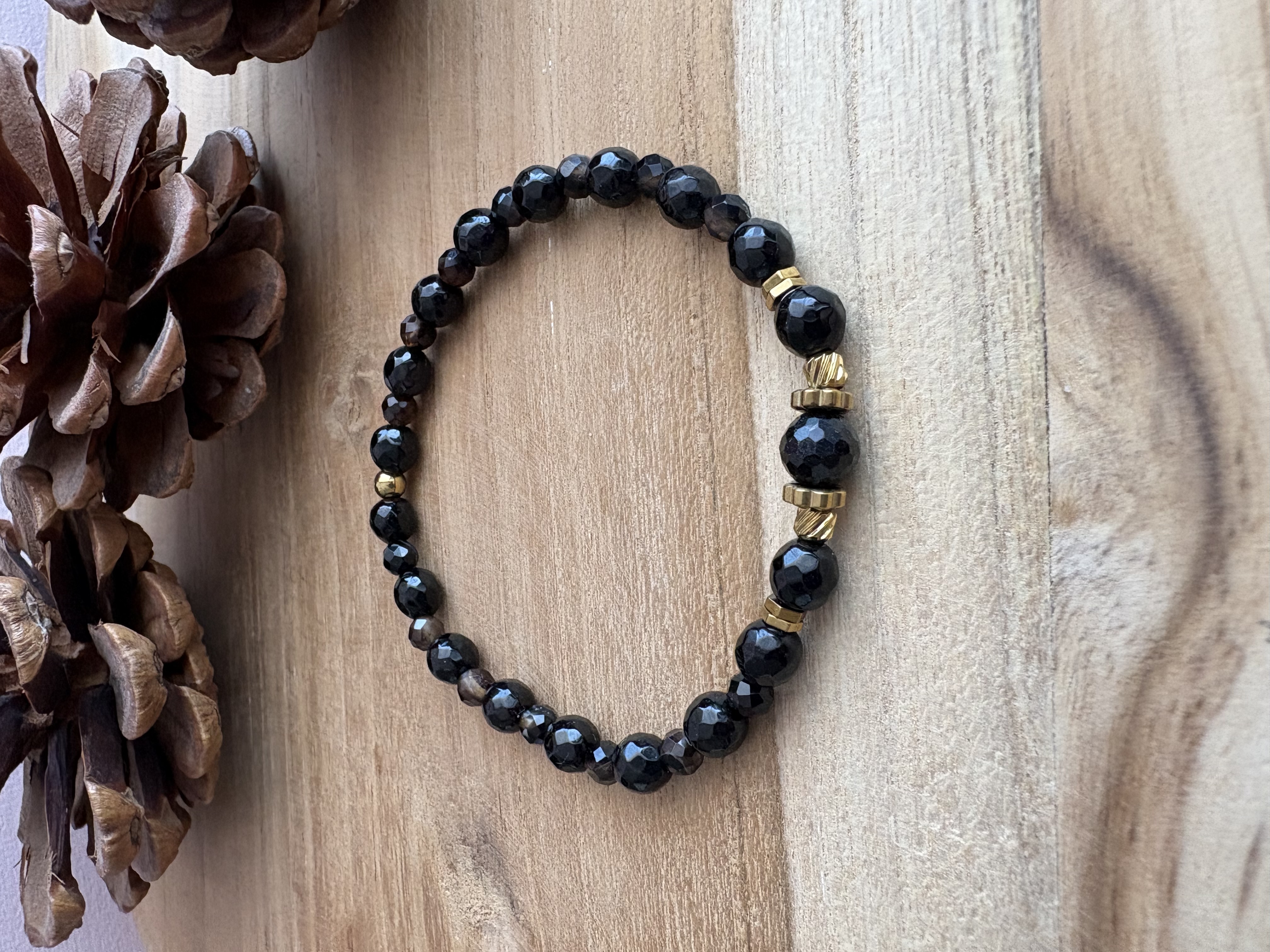 Bransoletka czarny turmalin/agat/złocony hematyt 