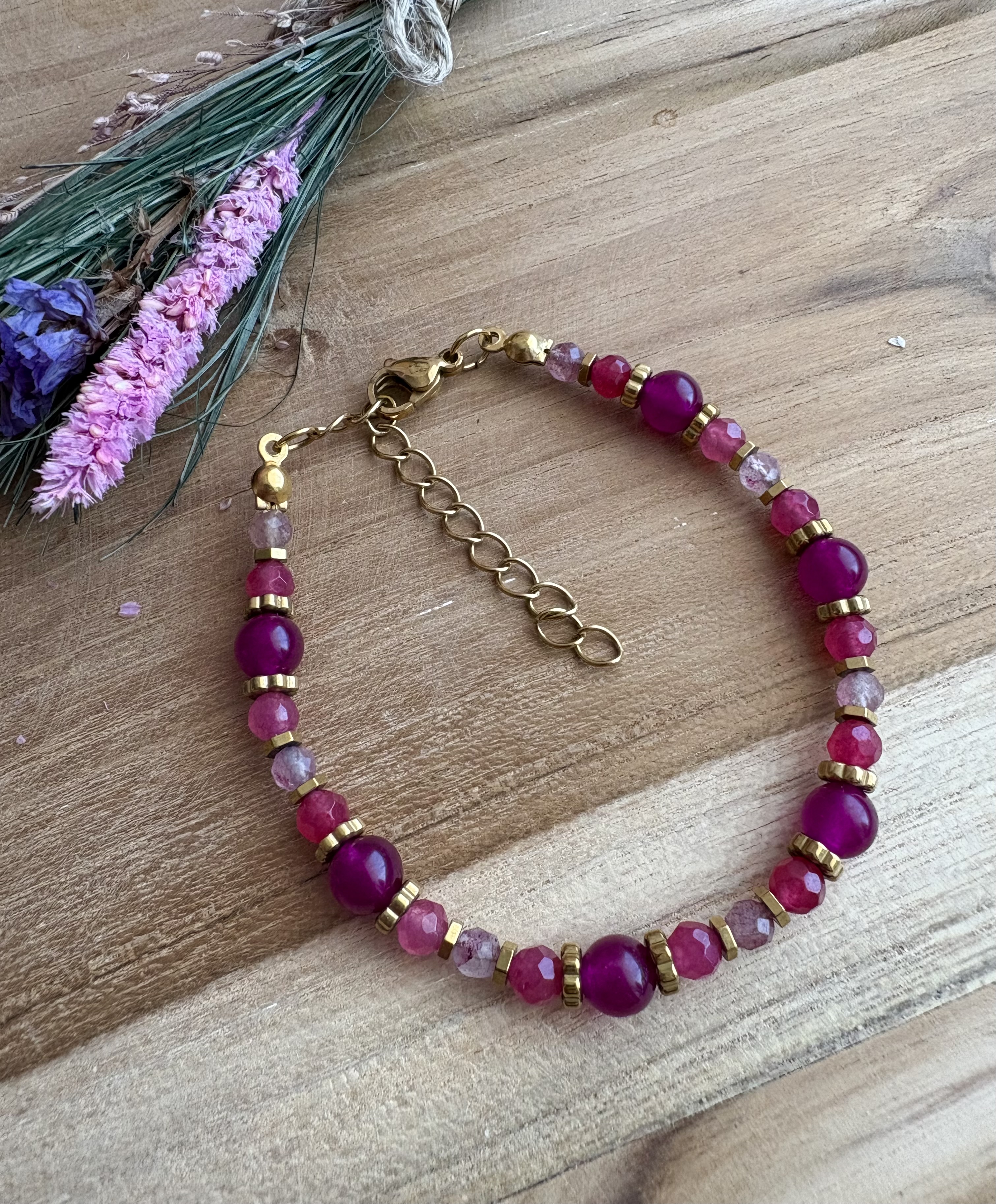 Bransoletka agat/jadeit/turmalin/kwarc truskawkowy/hematyt złocony 