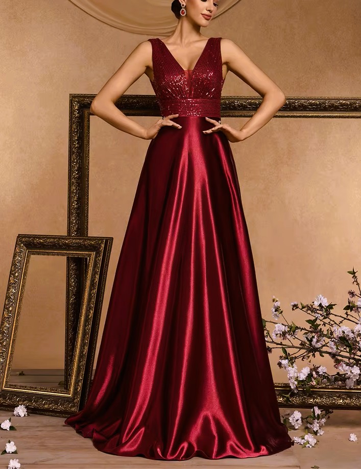 Robe de soirée satin bordeaux