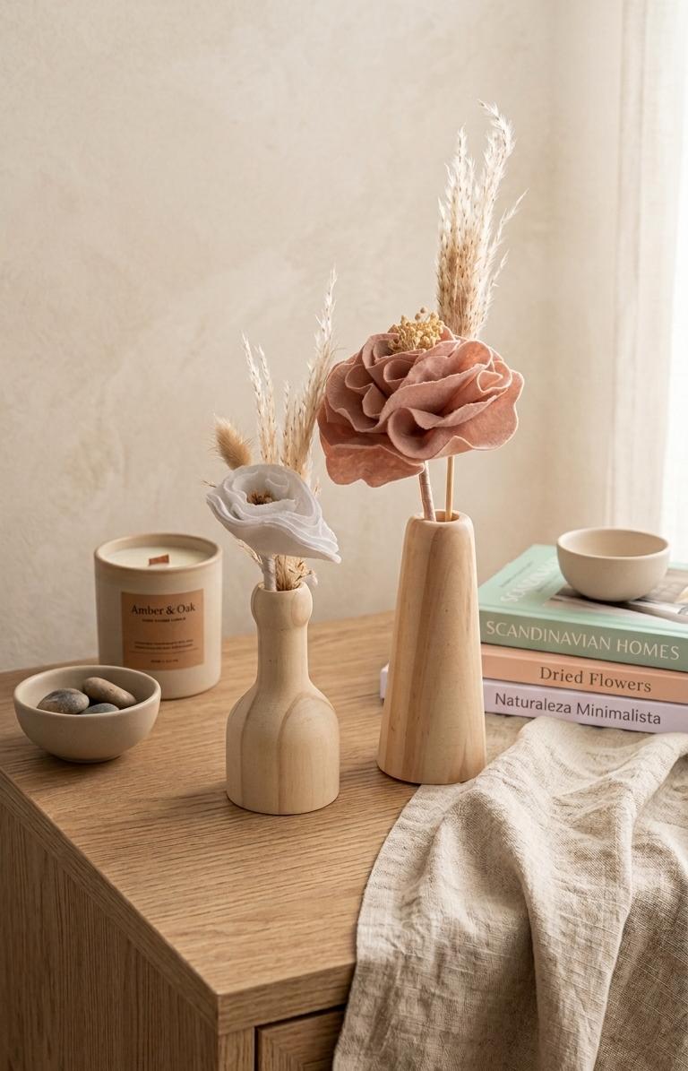 Floreros Nórdicos de Madera con Rosa de Tela y Flores Secas – Varios Modelos