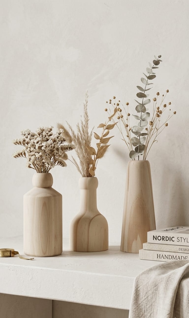 Floreros Nórdicos de Madera con Rosa de Tela y Flores Secas – Varios Modelos