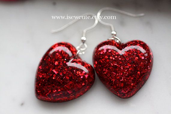 Red Glitter Heart Earrings