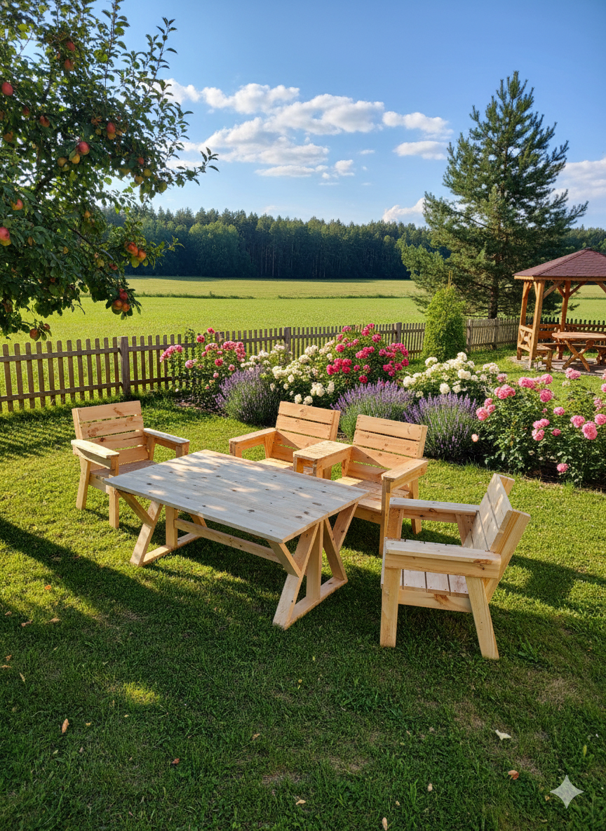 Medinis lauko baldų komplektas