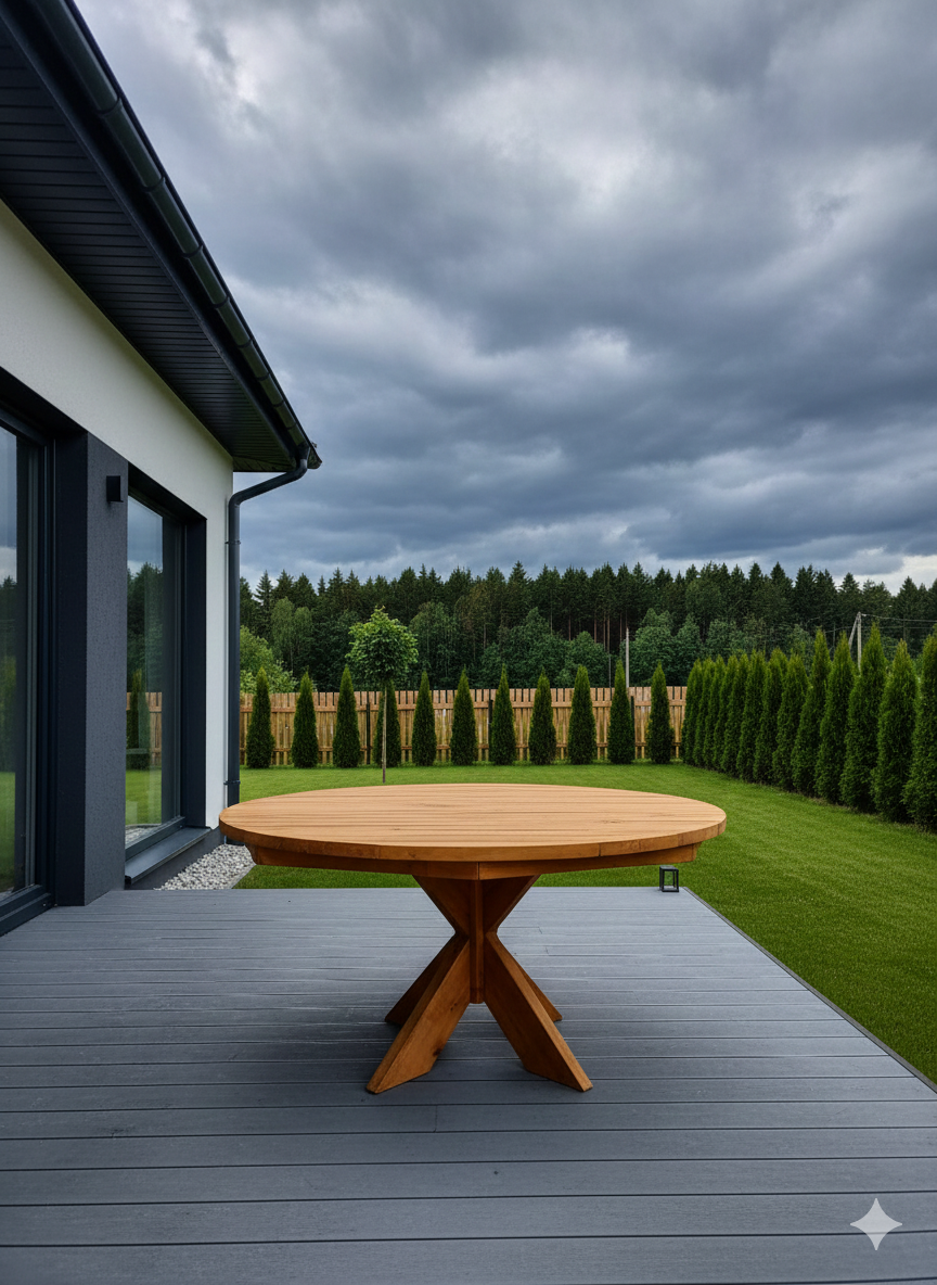 Medinis apvalus lauko stalas