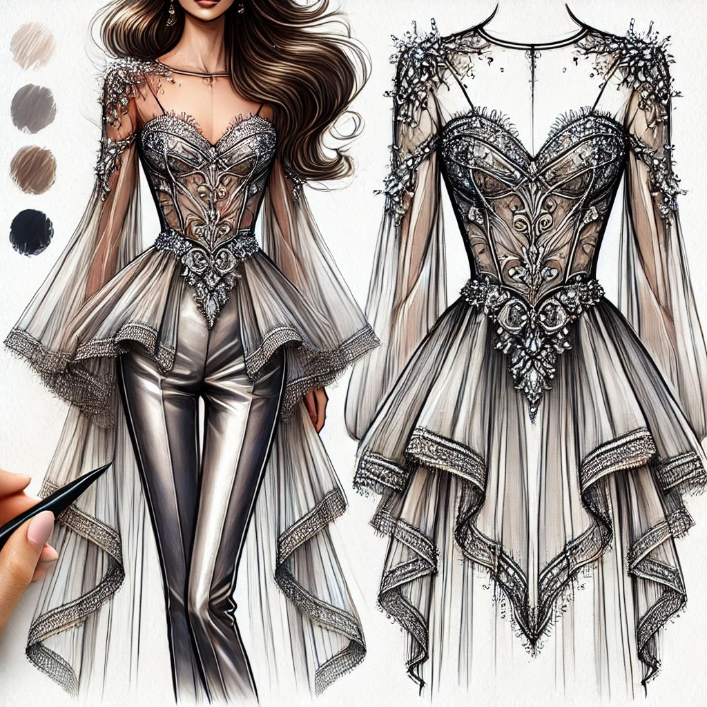 Elegant Silver Embroidered Evening Ensemble