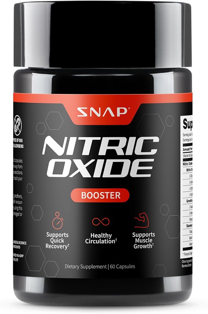 Snap Supplements Nitric Oxide Supplement with L-Arginine to Support Energy, Quick Recovery, Heart Health, Muscle Growth & Circulation, 60 Vegetarian Capsules (1 Month Supply)