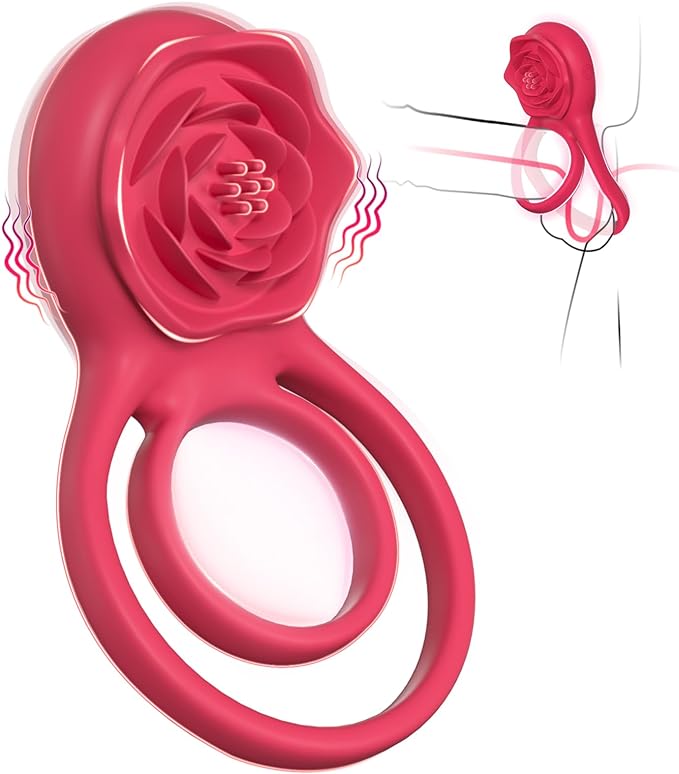 Vibrating Cock Ring with Rose Clitoral Stimulator, Pleasure Penis Ring Vibrator Couples Adult Sex Toys for Men and Women
