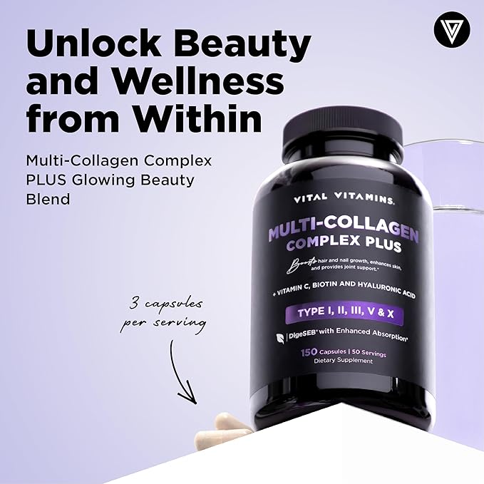 Multi Collagen Complex Plus - with Biotin, Hyaluronic Acid, Vitamin C - Type I, II, III, V, X - for Women & Men