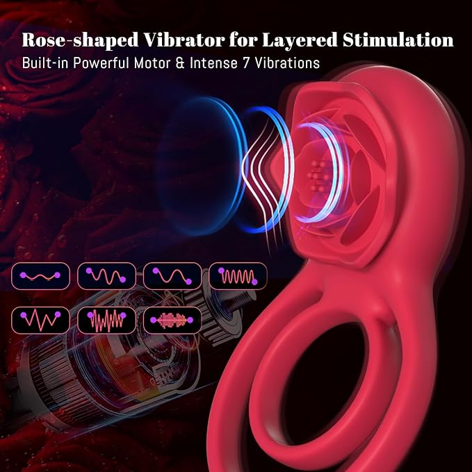 Vibrating Cock Ring with Rose Clitoral Stimulator, Pleasure Penis Ring Vibrator Couples Adult Sex Toys for Men and Women