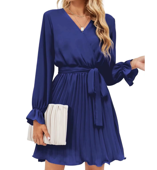 Elegant casual v-neck pleated mini dress with belt women's long-sleeved fashion dress solid pattern natural waistline