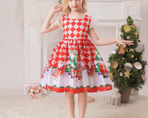 Children's sleeveless o-neck cartoon Santa Claus snowflake dress children's Christmas evening dress