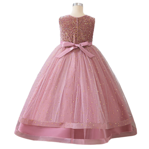 Summer fashion girl princess tulle dress casual o-neck satin floral Maxi design, with belt up to the knee, suitable for children's birthdays