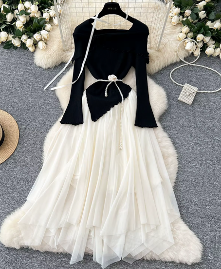 French fashion long-sleeved knitted fairy dress, fluffy irregular mesh stitching front