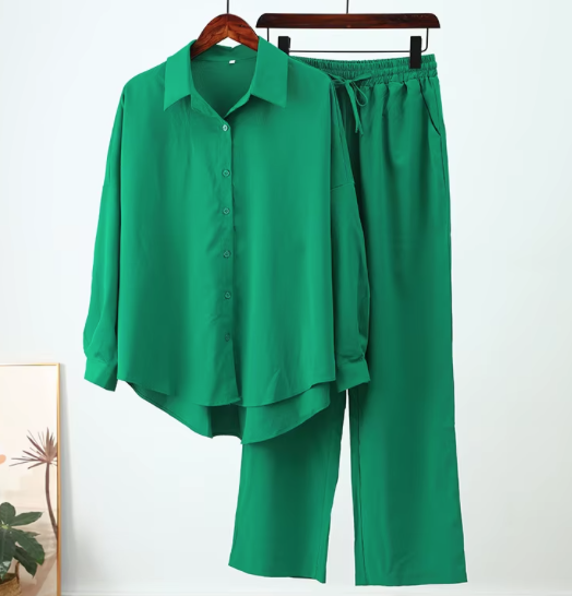 Fashion spring and summer new loose elastic wrinkled long-sleeved shirt wide-leg pants casual suit women's 2-piece set