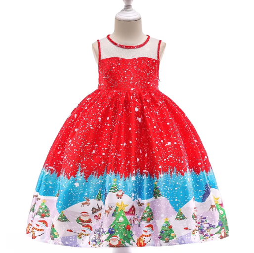 Children's sleeveless o-neck cartoon Santa Claus snowflake dress children's Christmas evening dress
