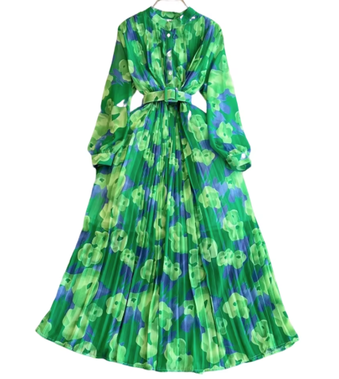 2025 Flower pleated dress women's high-quality standing bag casual party style digital print beach, medium-length breathable.